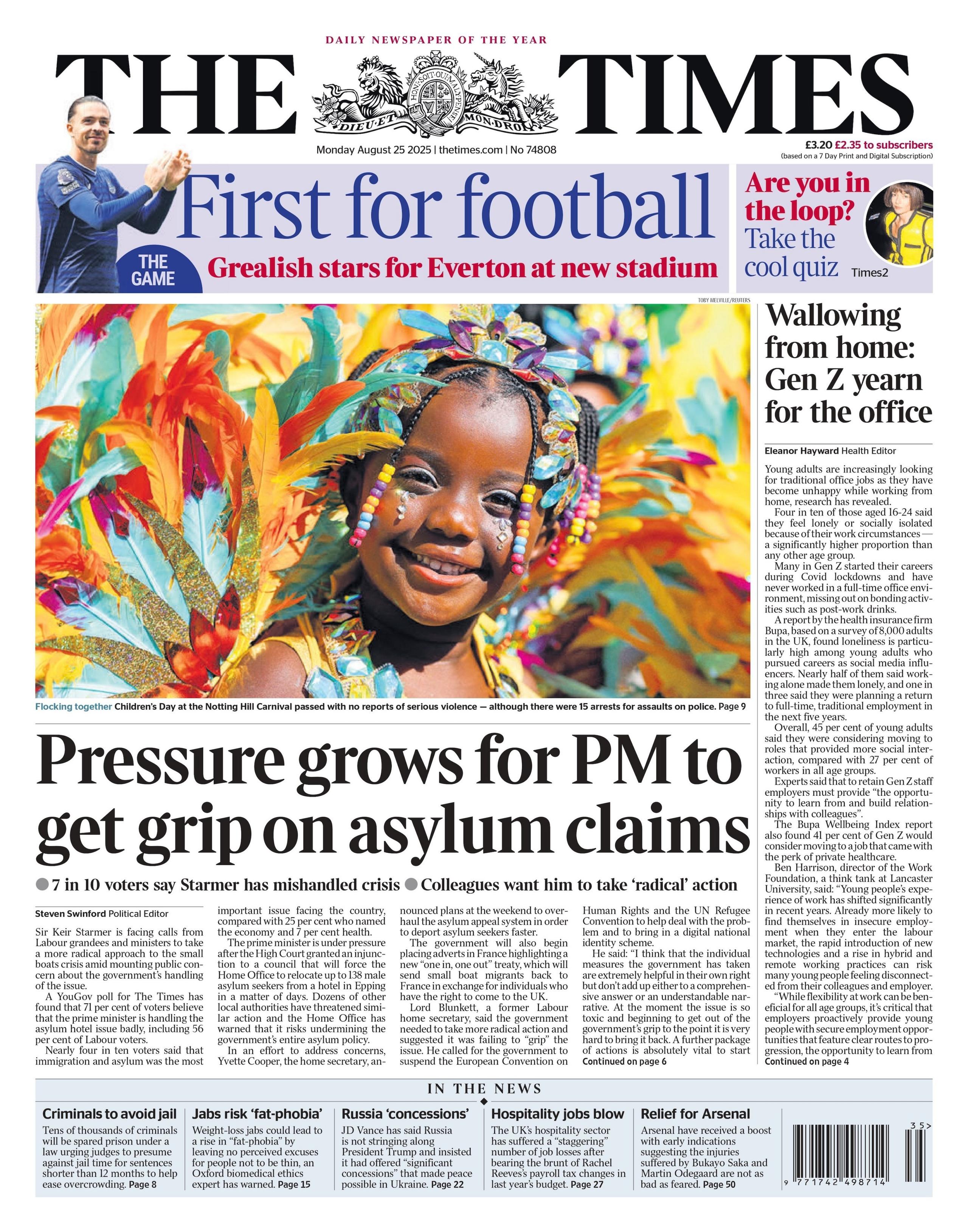The headline on the front page of the Times reads: "Pressure grows for PM to get grip on asylum claims".