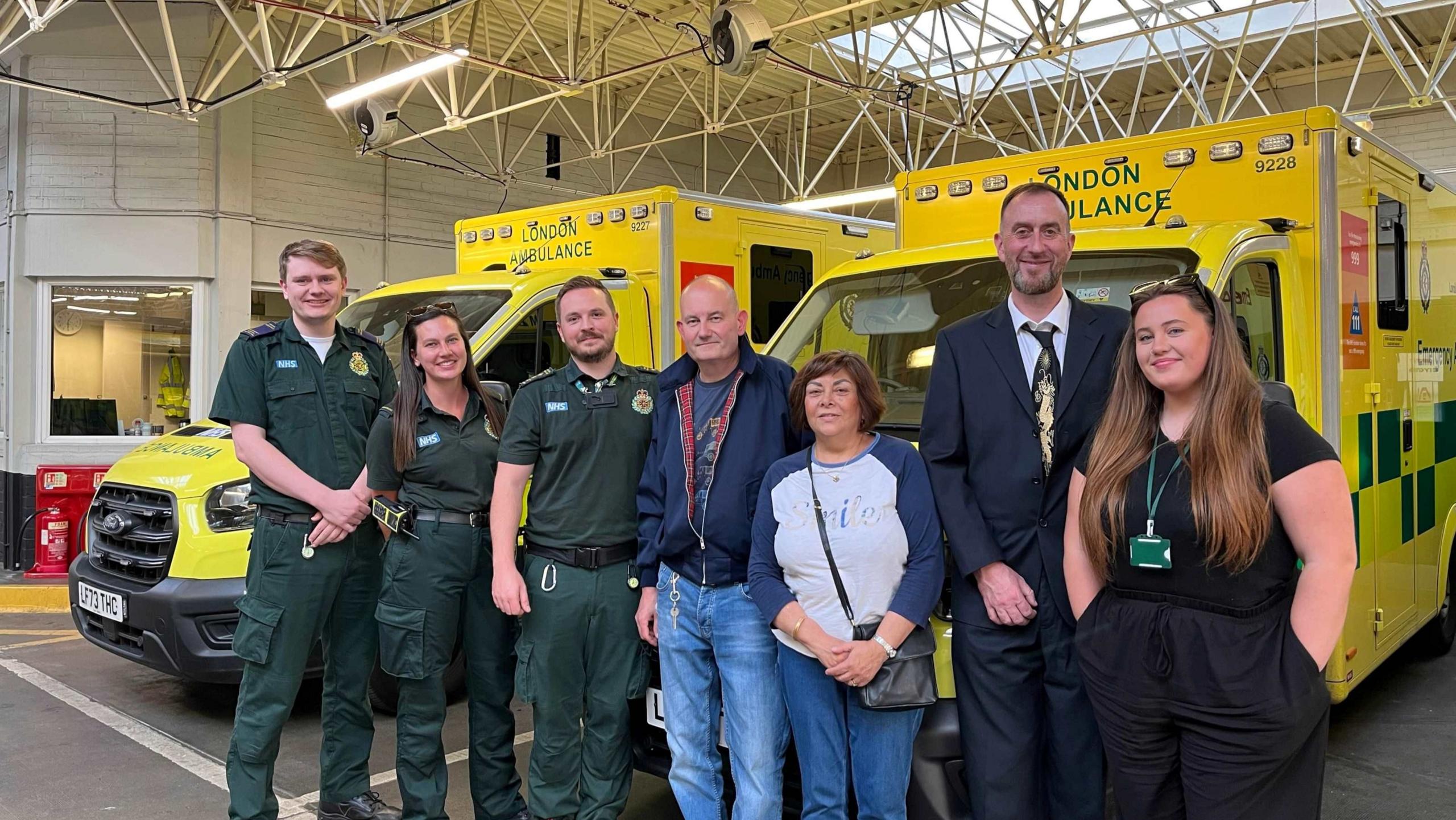 Reunion at Wimbledon Ambulance Station. John Beer, Laura Smith, Lewis Hawkins, Paul and Paula White, Paul Hughes and Millie Hurst