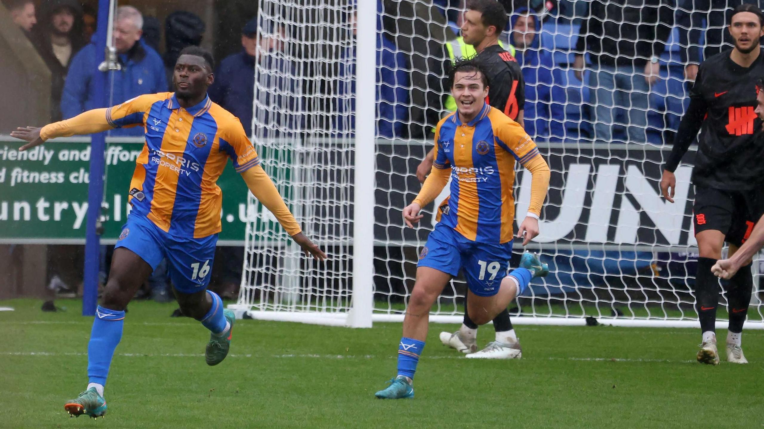 Aaron Pierre celebrates scoring Shrewsbury's opening goal against Birmingham