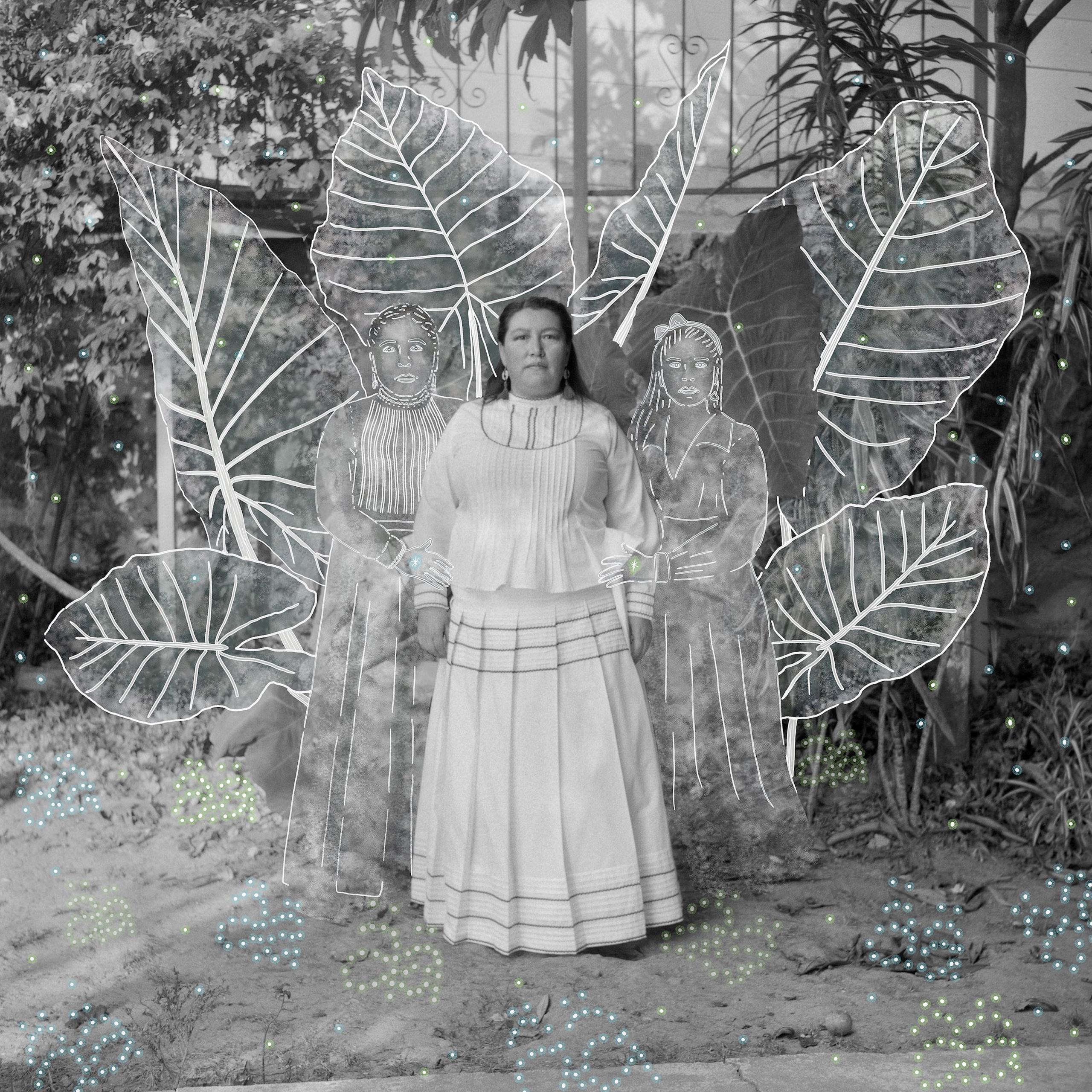 a black and white image of a woman in a white outfit, flanked by illustrations of two other women holding her arms and big leaves behind them 