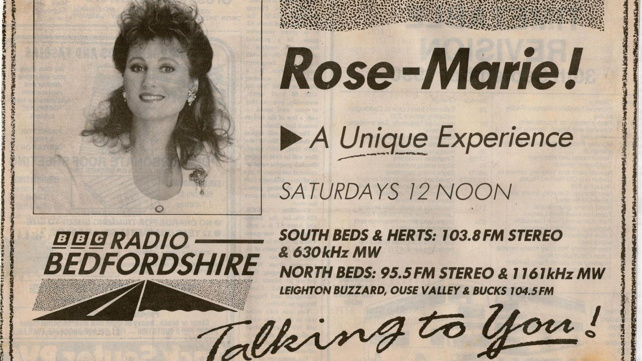 Rose-Marie on a promotional poster for her BBC Radio Bedfordshire programme