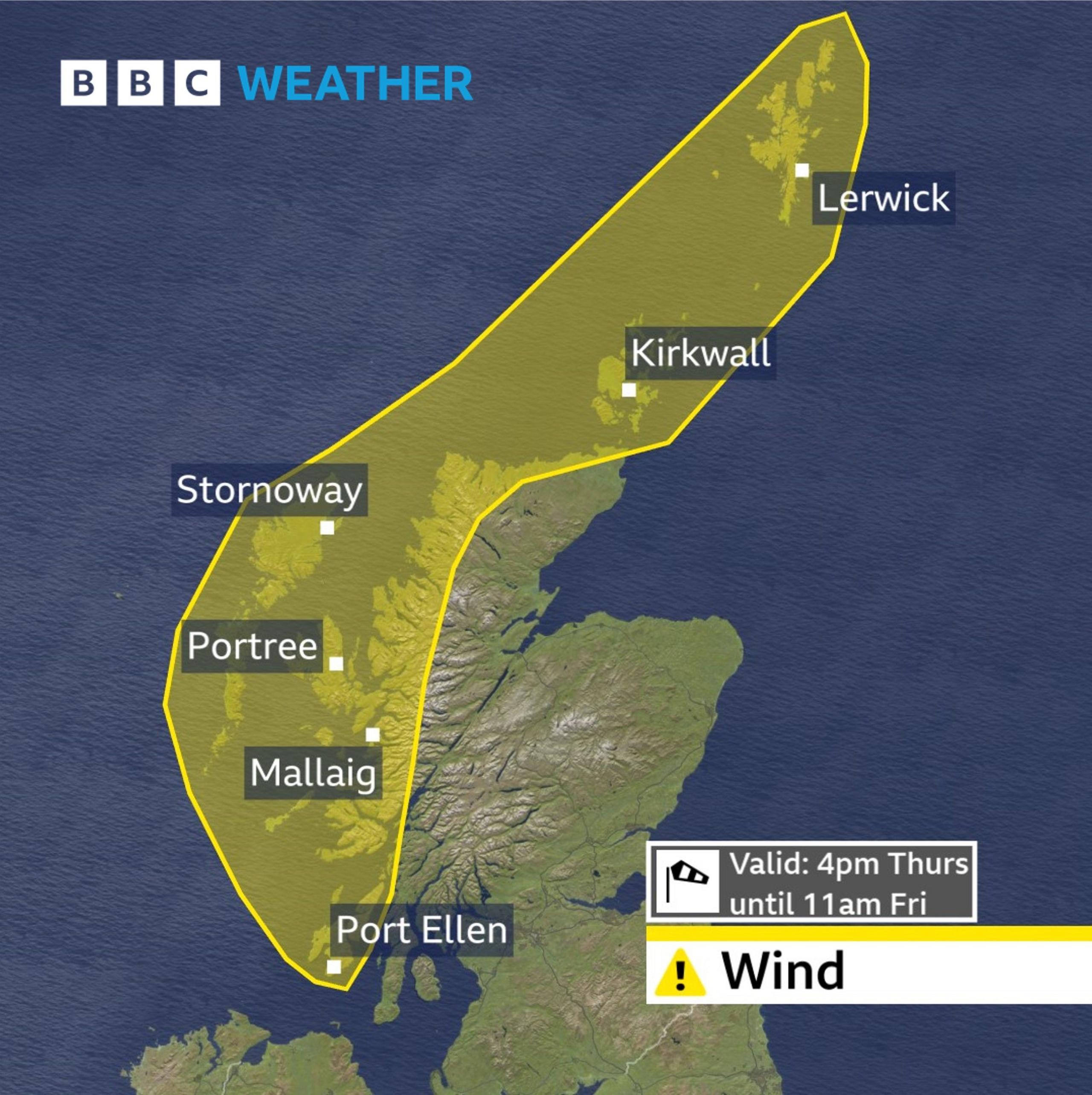 A map of Scotland showing the area of the yellow warning, also the locations of Port Ellen, Mallaig, Portree, Stornoway, Kirkwall and Lerwick.