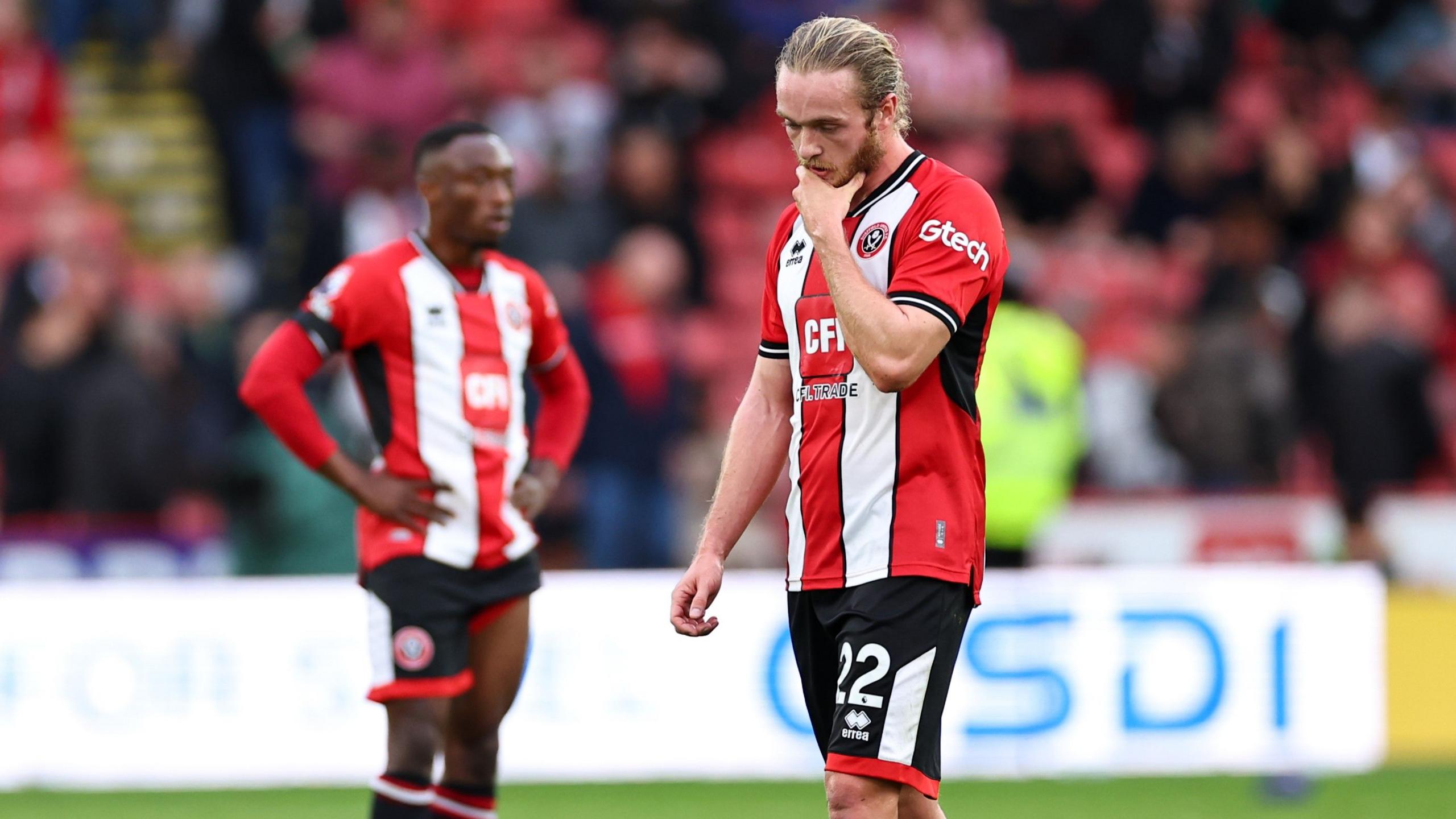 Tom Davies looking dejected post match for Sheffield United