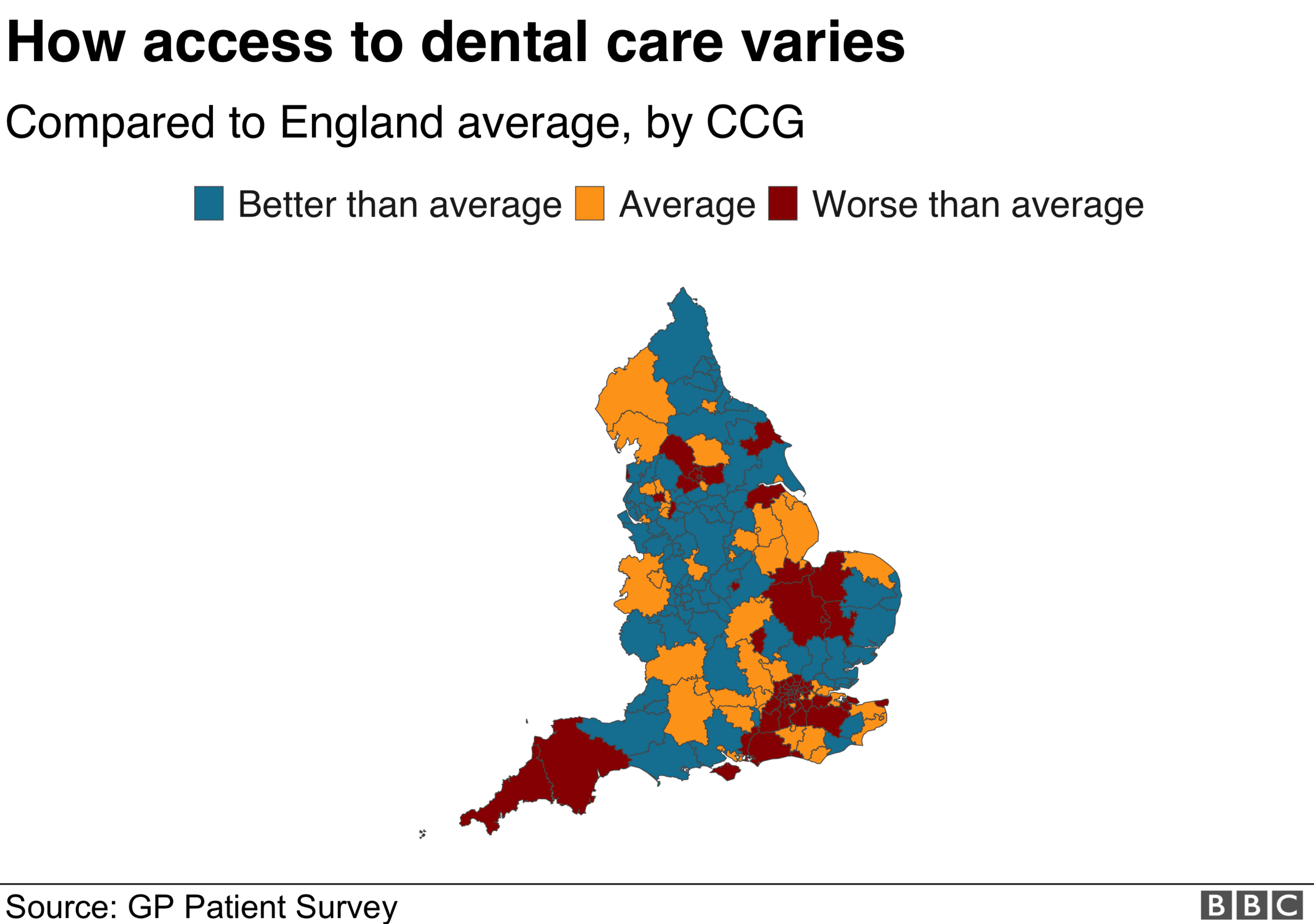 Map showing satisfaction rates in England with dental care