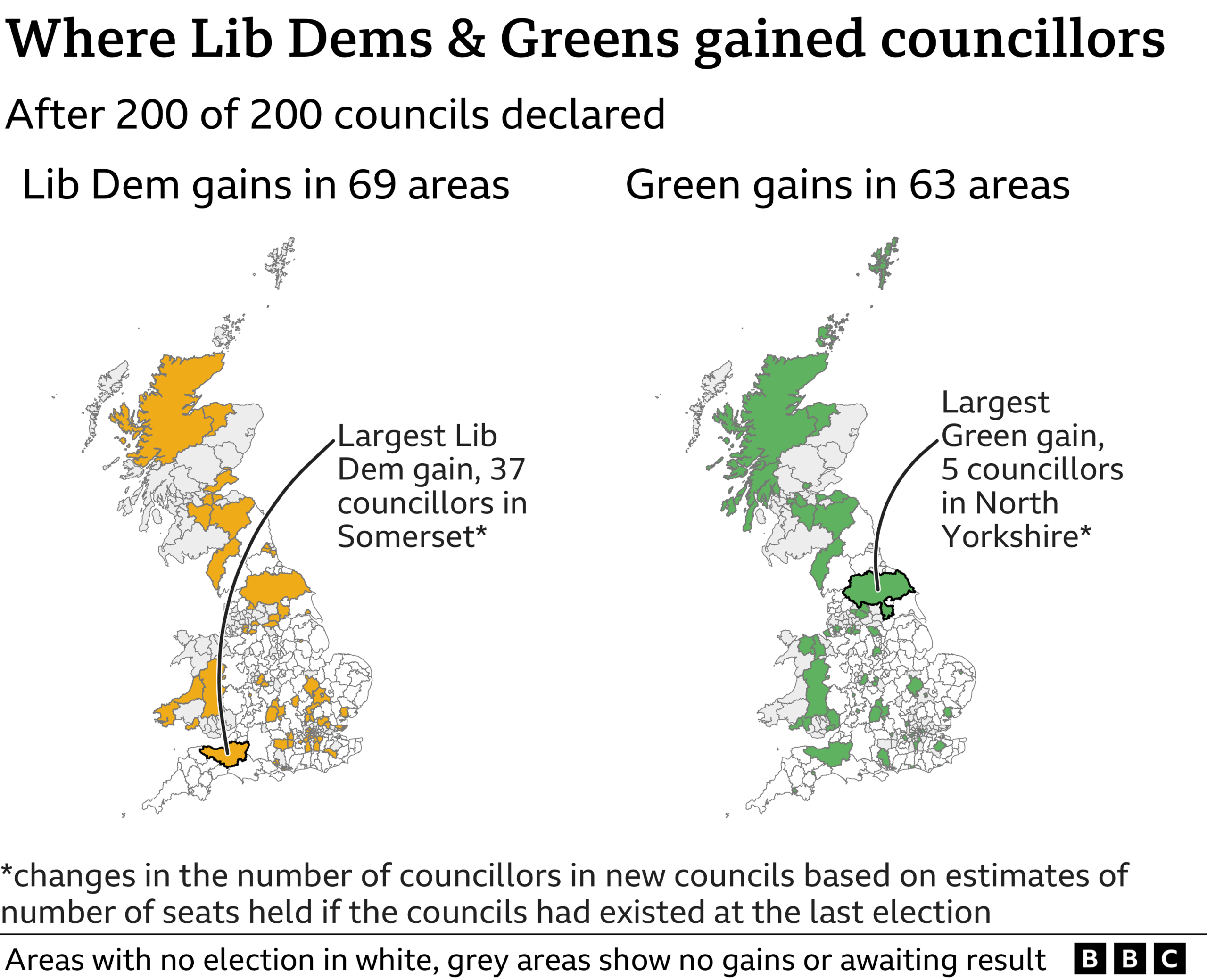 Map showing where Lib Dems & Greens have made gains Lib Dem gains