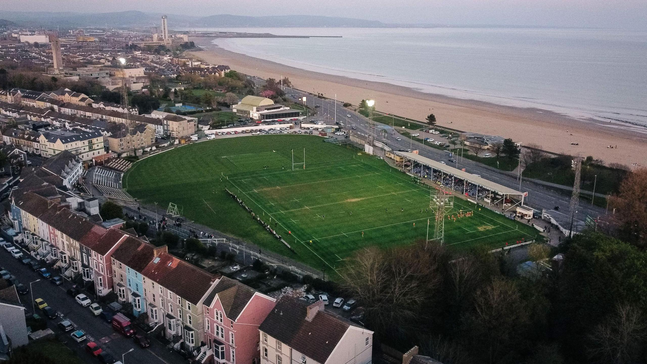An aerial view of St Helen's rugby ground looking east across Swansea Bay 