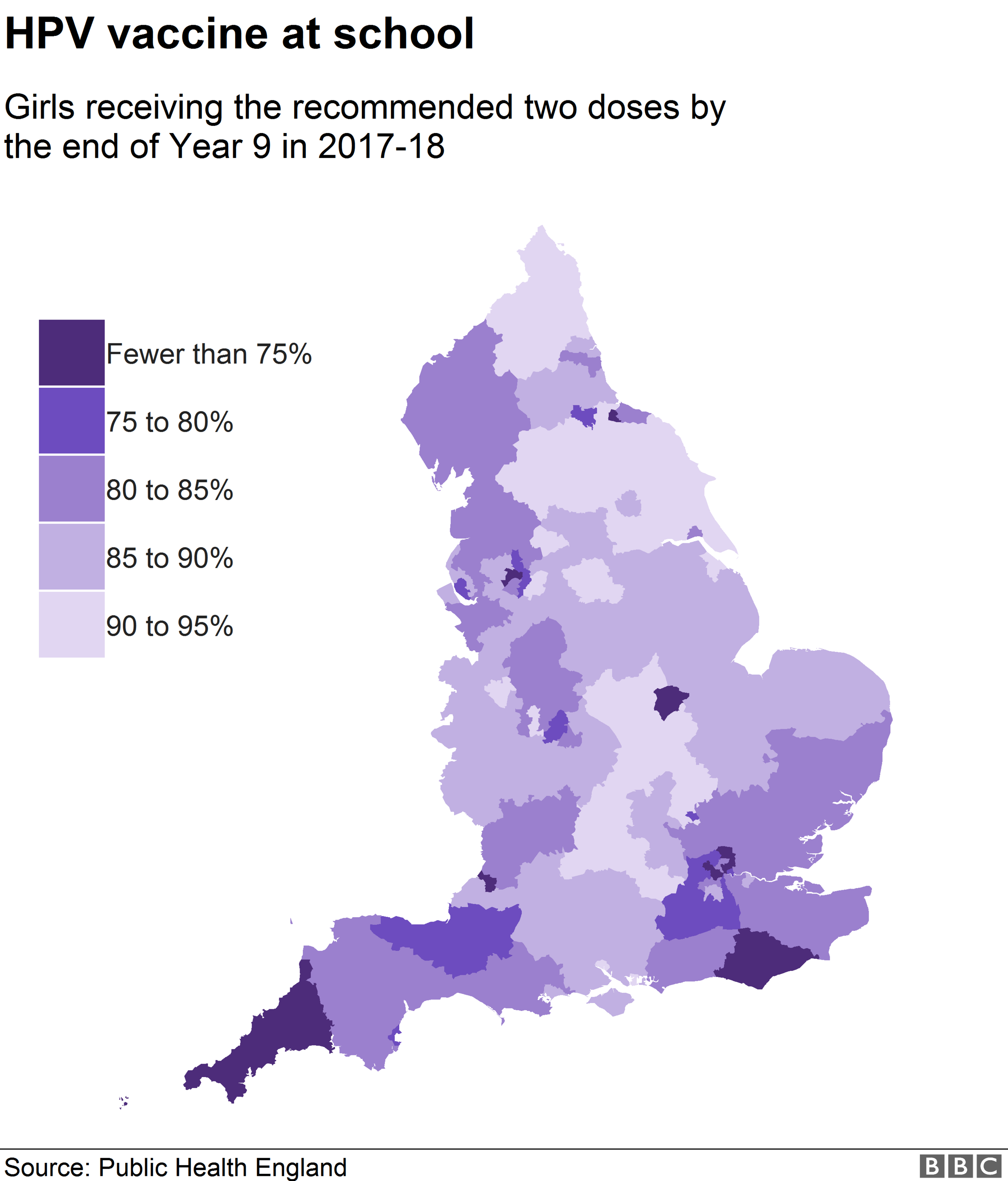 Map showing take-up of the HPV vaccine in England