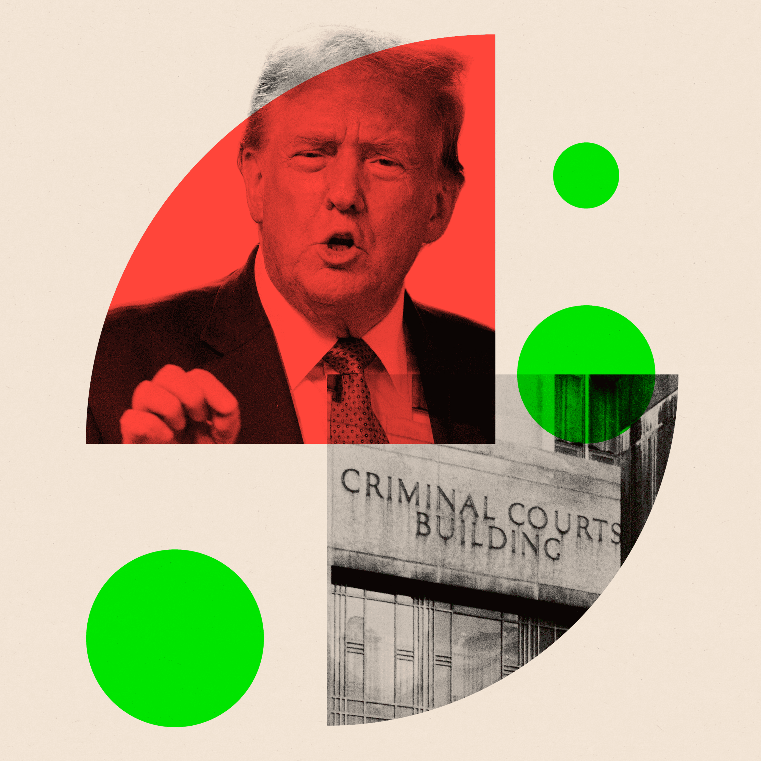 Stylised image of Donald Trump next to the facade of the New York court where he has been on trial 