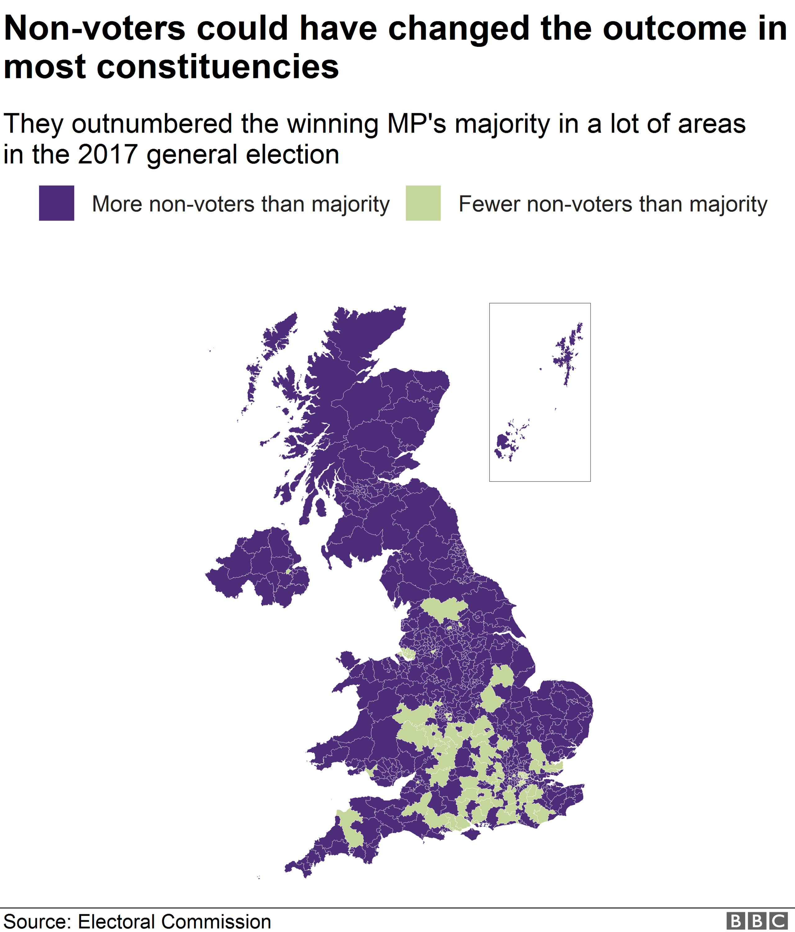 Map showing the distribution of constituencies and whether non-voters outnumbered the winning MP's majority