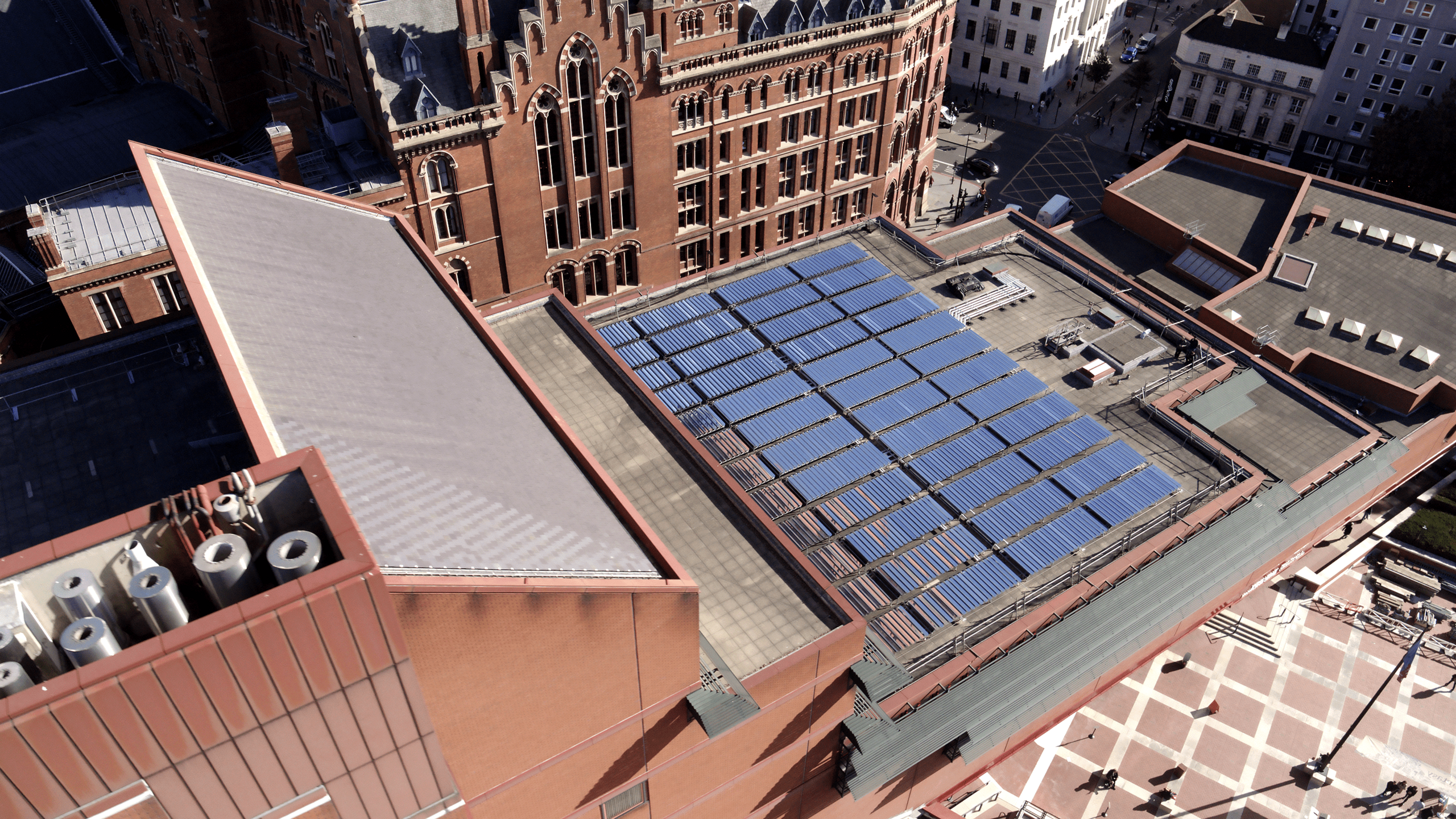 An aerial view of solar technology on the roof of the British Library