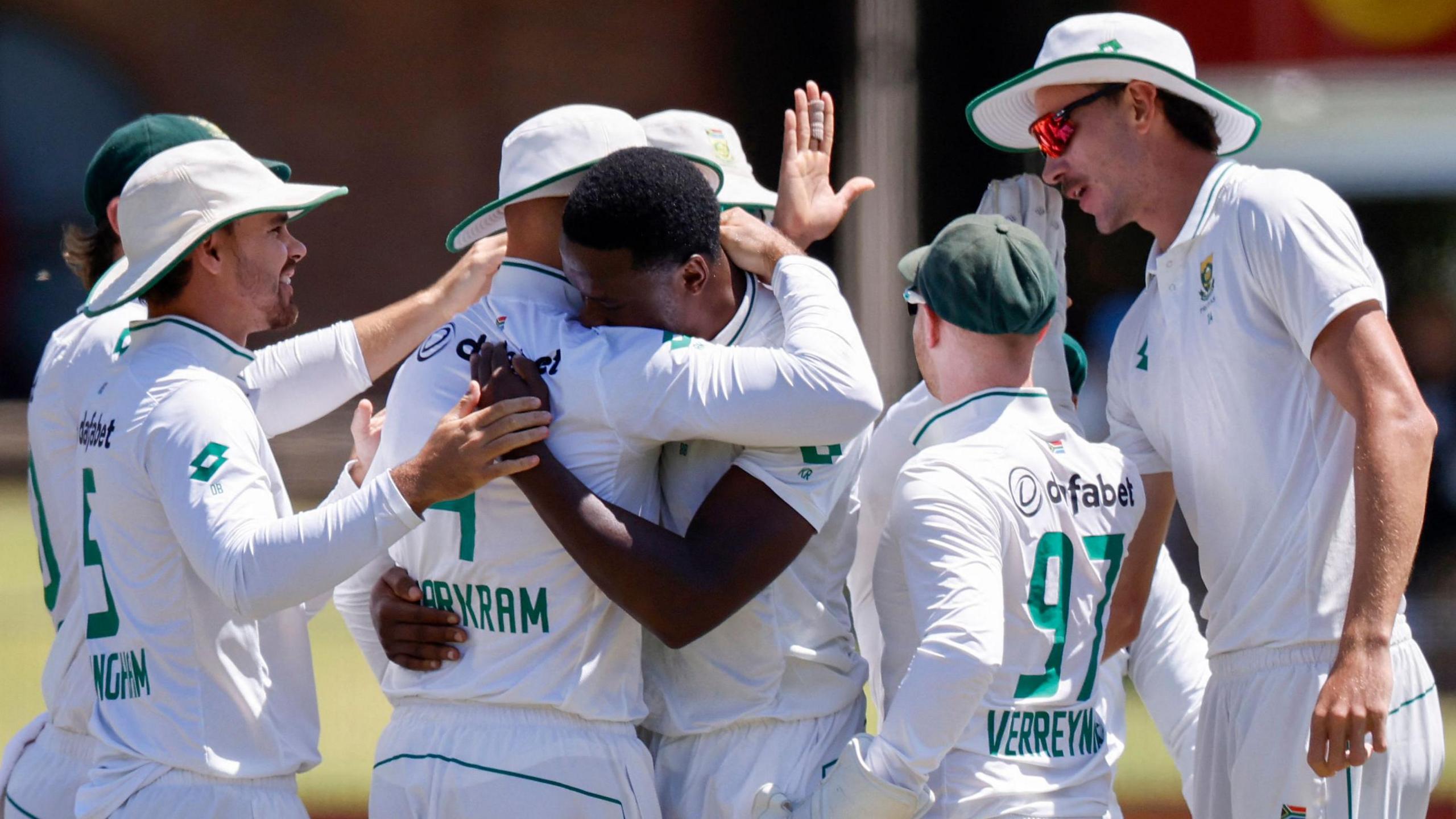 Kagiso Rabada celebrates with his South Africa team-mates after taking a wicket in the second Test against Sri Lanka in Gqeberha