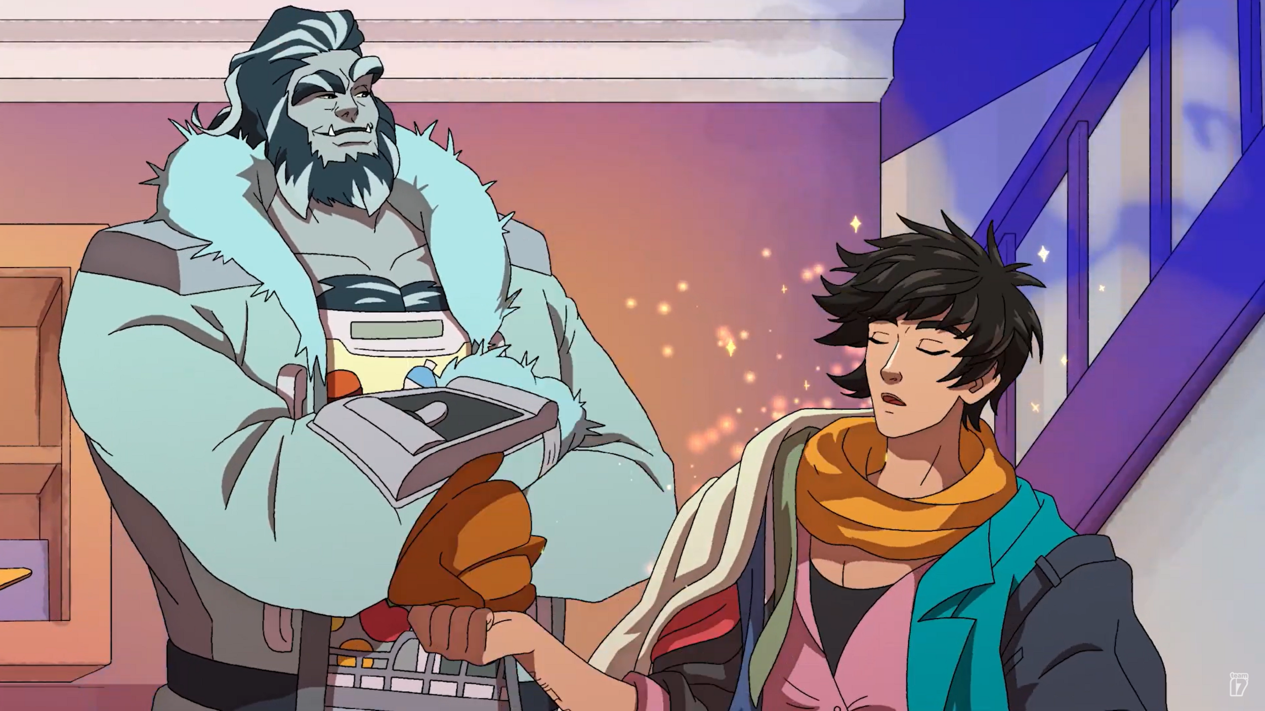 An anime-style cartoon image of two characters locked in a discussion in a domestic setting. One is a bulky, beast character with blue slicked-back hair and matching beard. He wears a light blue furred jacked and stands with his arms crossed. The other character is two heads shorter and sports dark, traditional anime hero hair and wears slightly old-fashioned robes.