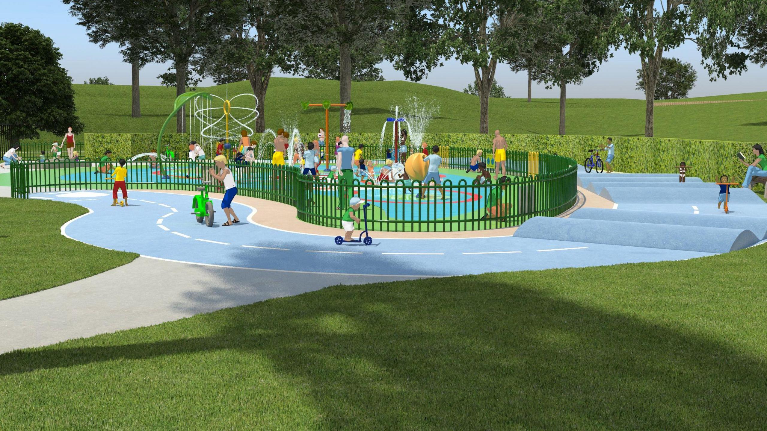 An artist's impressions of new Hinksey Splash Park showing parents and children enjoying the facility on a sunny day. Some of the children are playing in the splash area, others are using the track