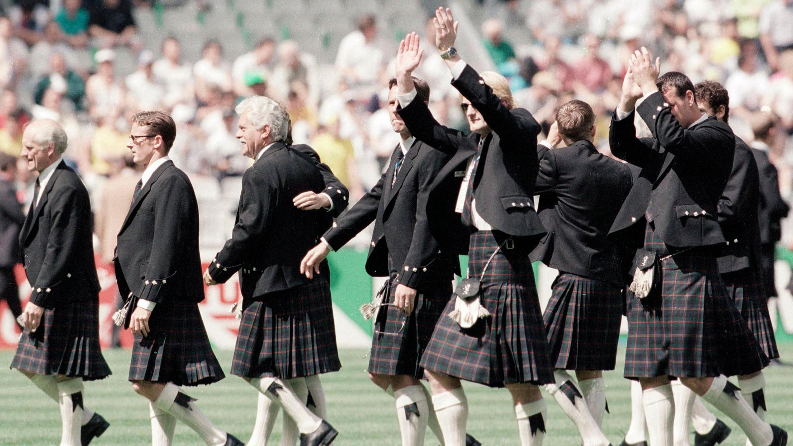 Scotland players wearing kilts at the 1998 World Cup