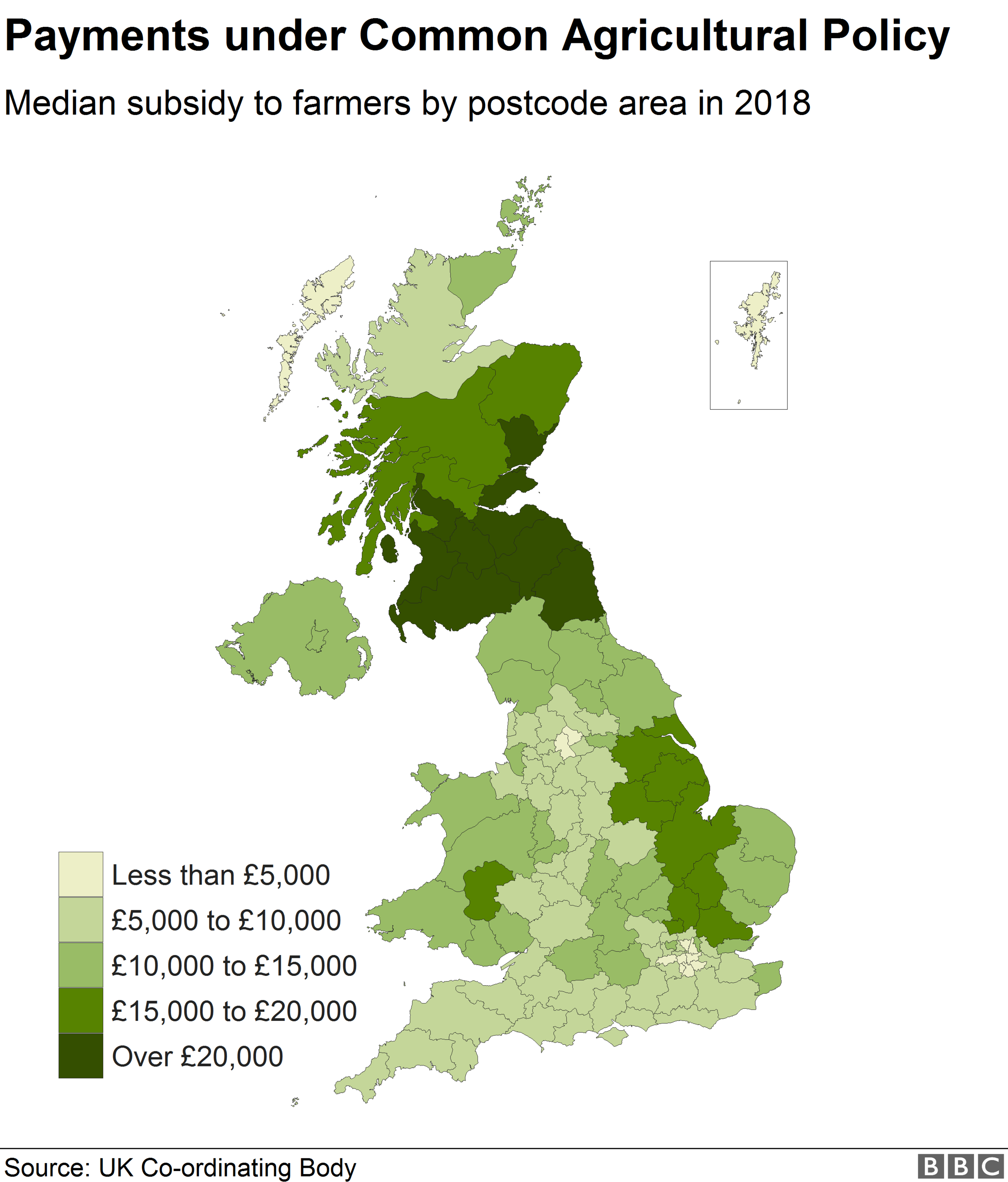 Map showing median payments under CAP by postcode area