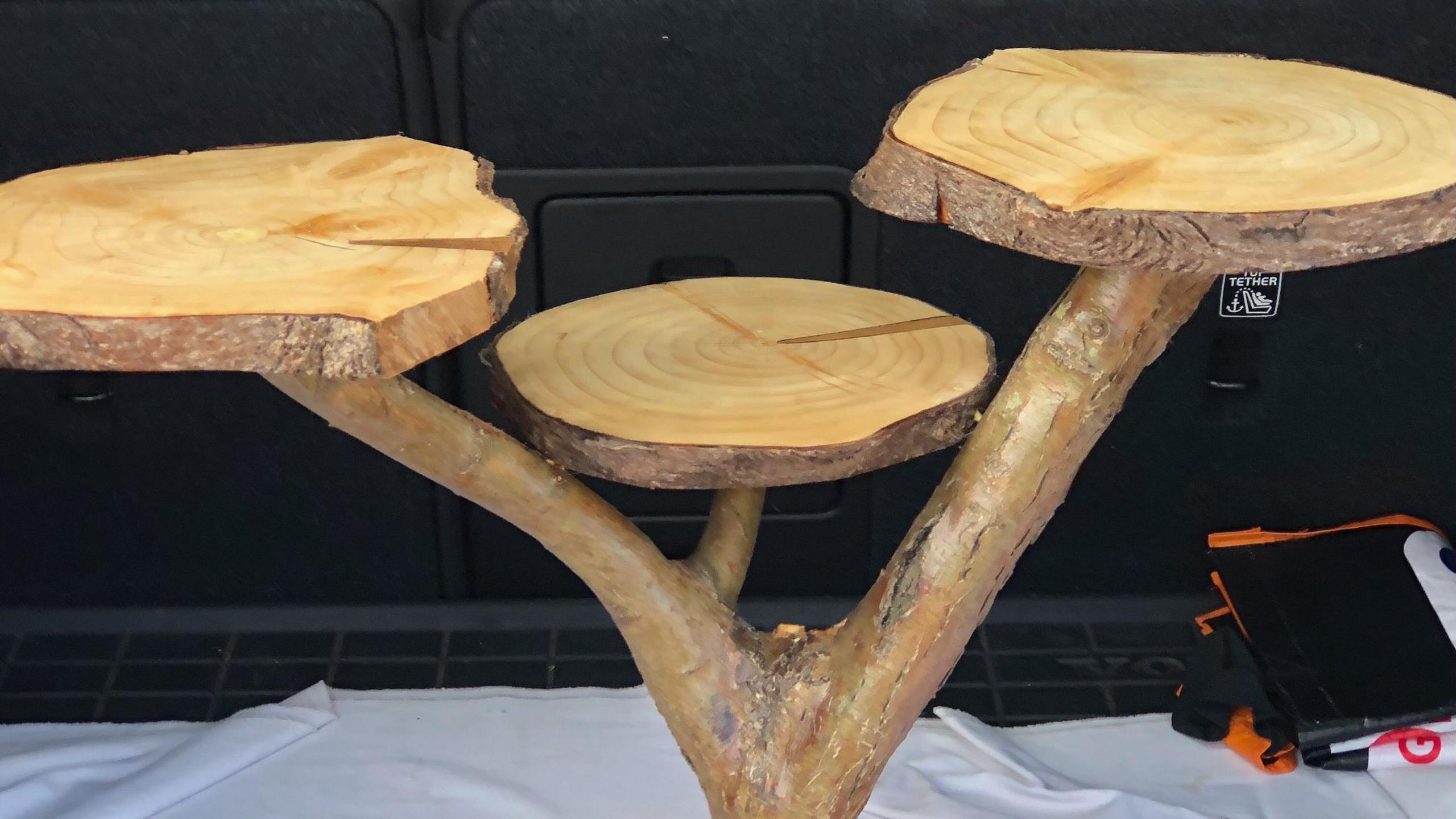 A close-up of a wedding centre piece. It is made from a branch from a tree, which has three branches. On the top of each branch are slices cut from a tree trunk. They have been sanded and varnished