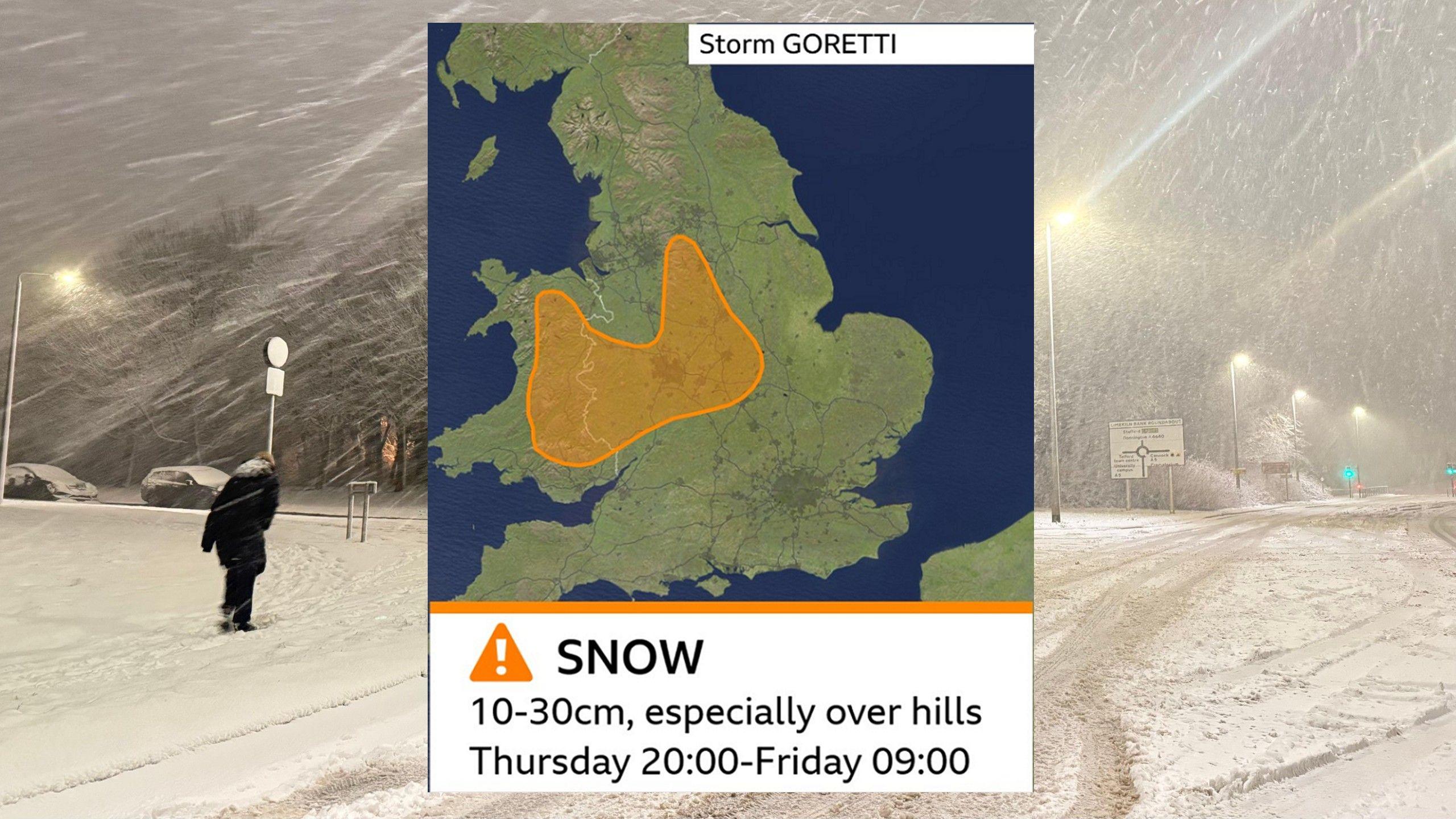 An image of the amber snow warning issued for Storm Goretti in January 2026 placed over a photo of a snow covered road.