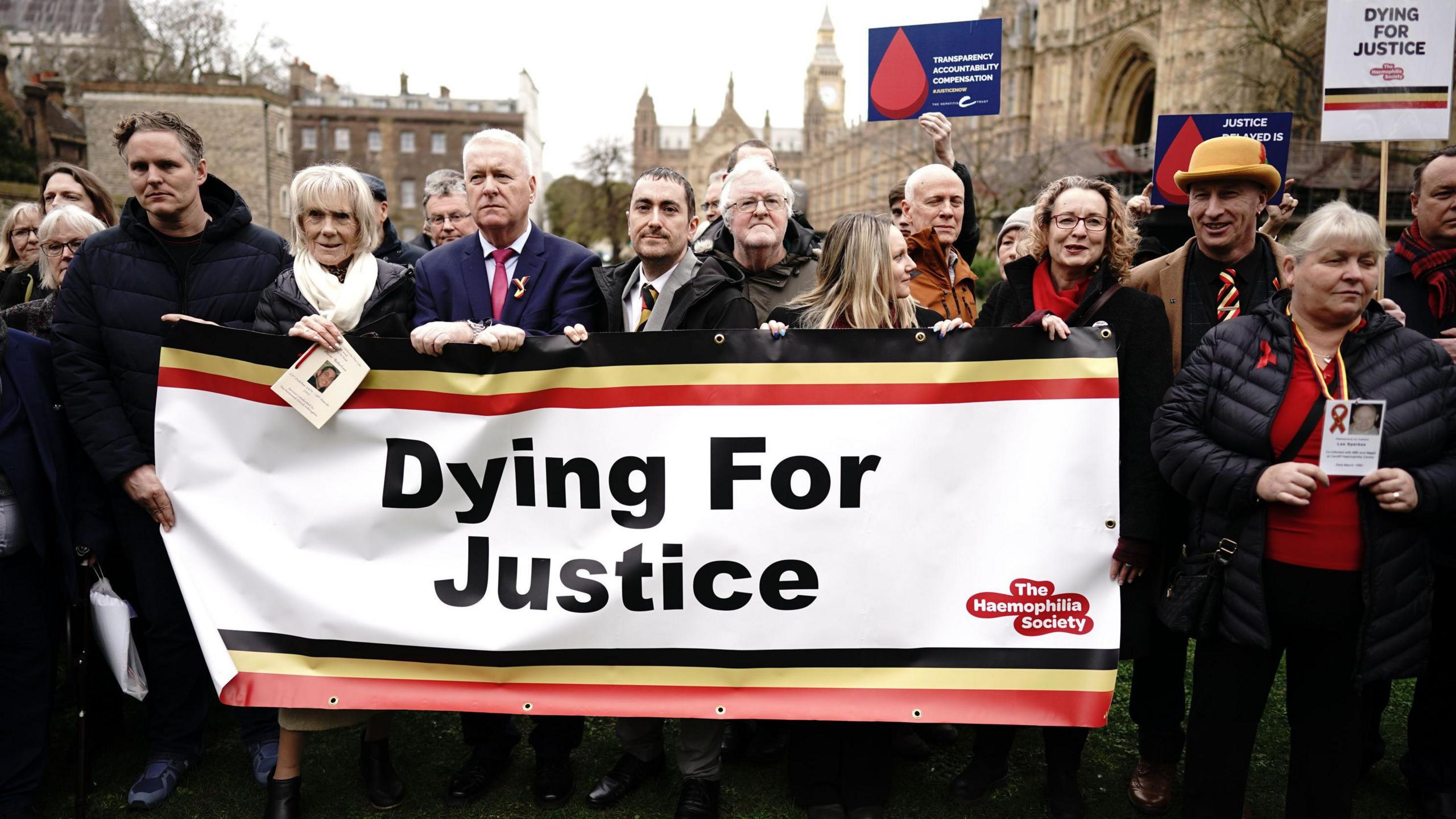  Infected blood victims and campaigners protest on College Green in Westminster in February