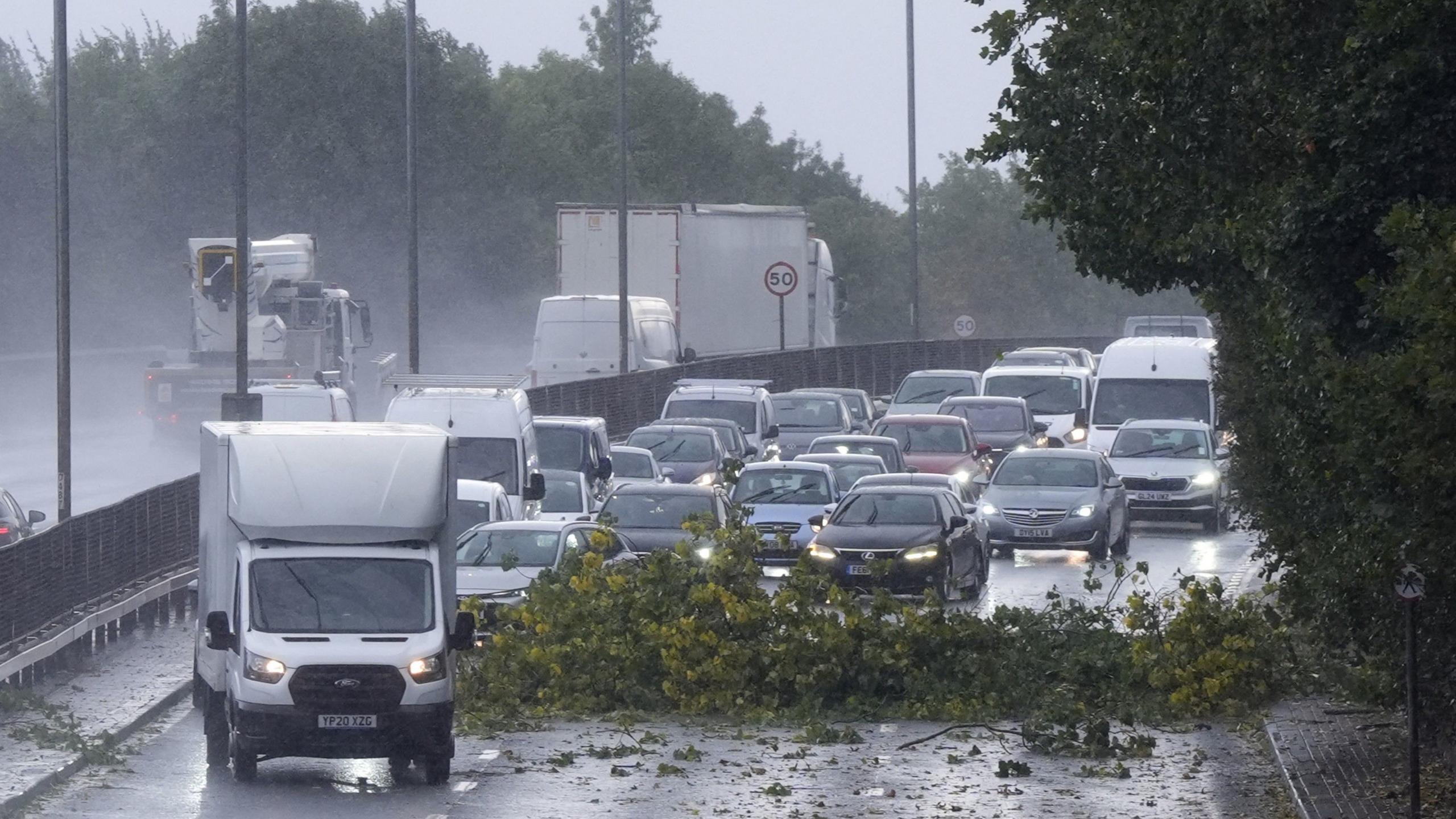 Vehicles negotiate debris from a tree on the North Circular in London in wet conditions under a grey sky with trees in the background