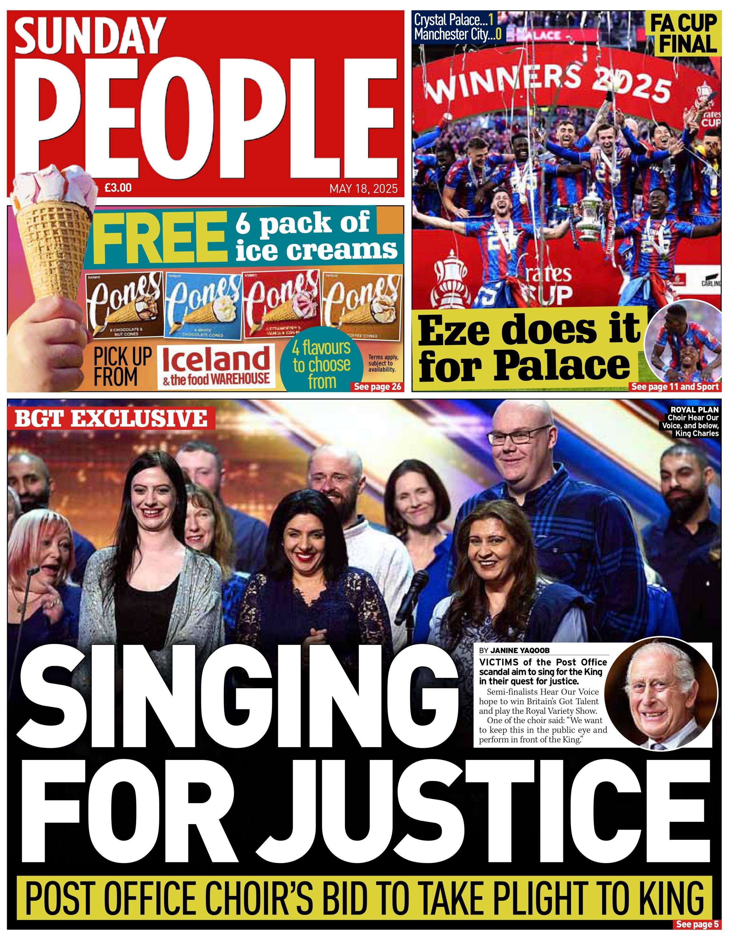 Front cover of Sunday People, headlined with "Singing for Justice."