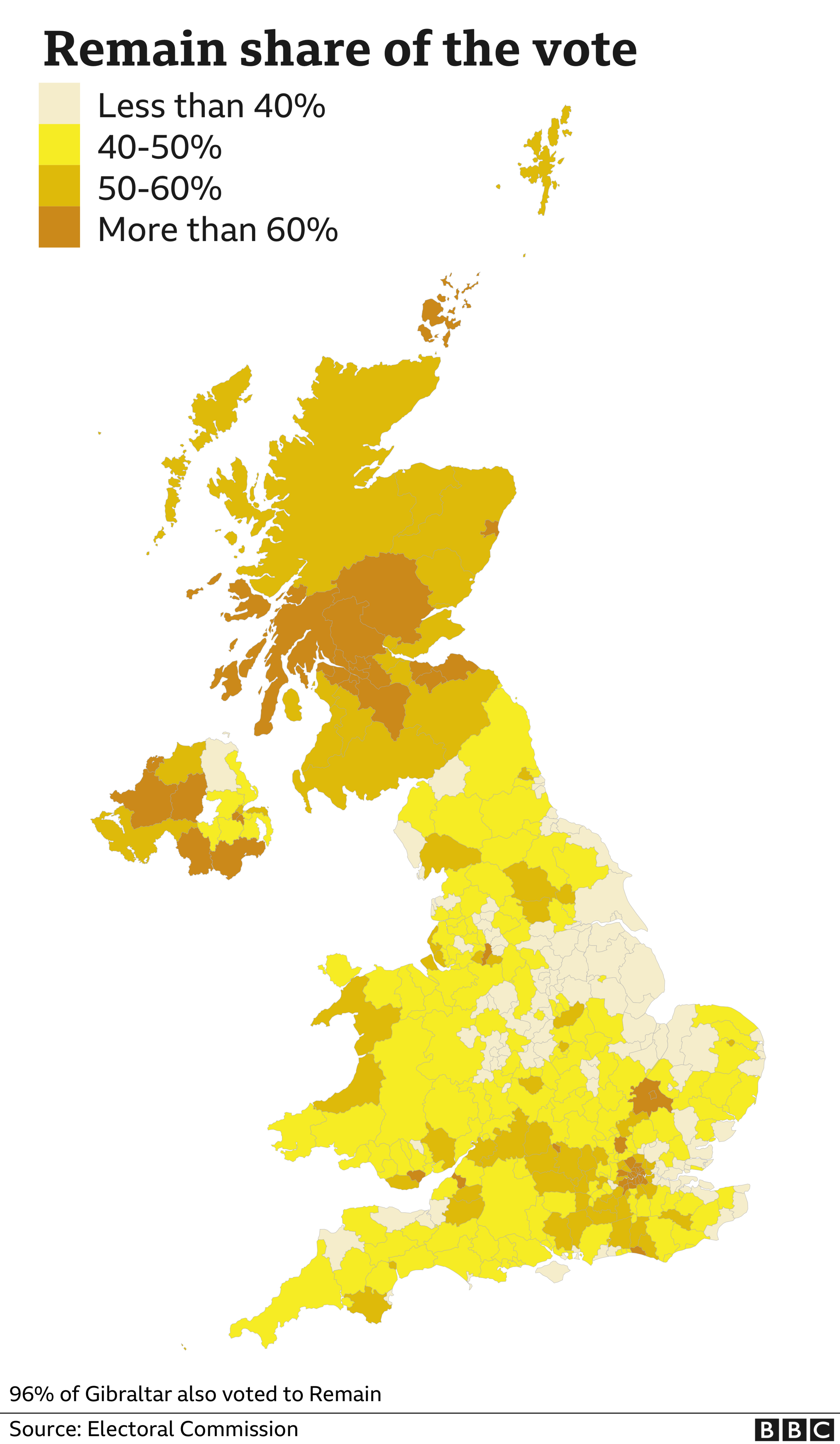 Remain share of the vote mapped