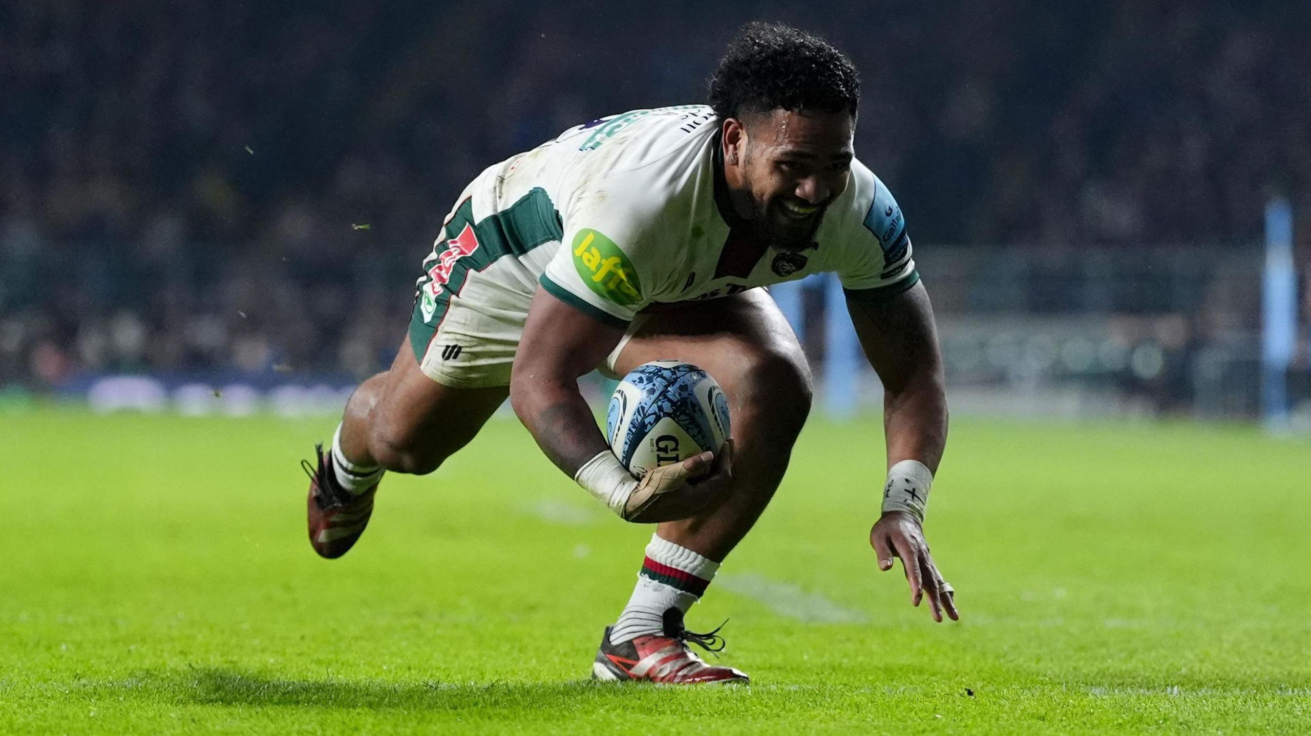 Solomone Kata scores a try for Leicester