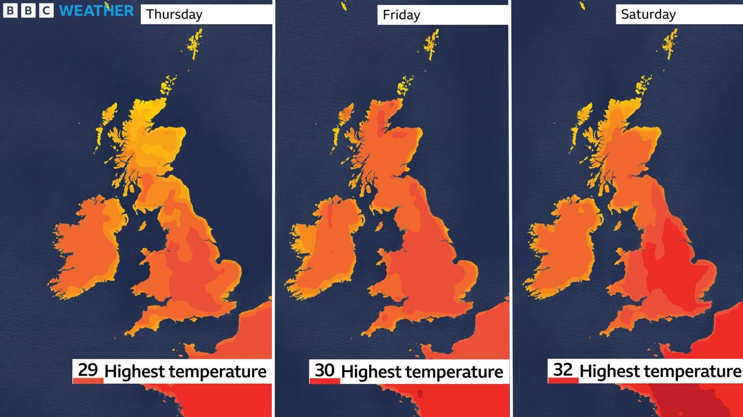 A map showing how the heat becomes more widespread later this week