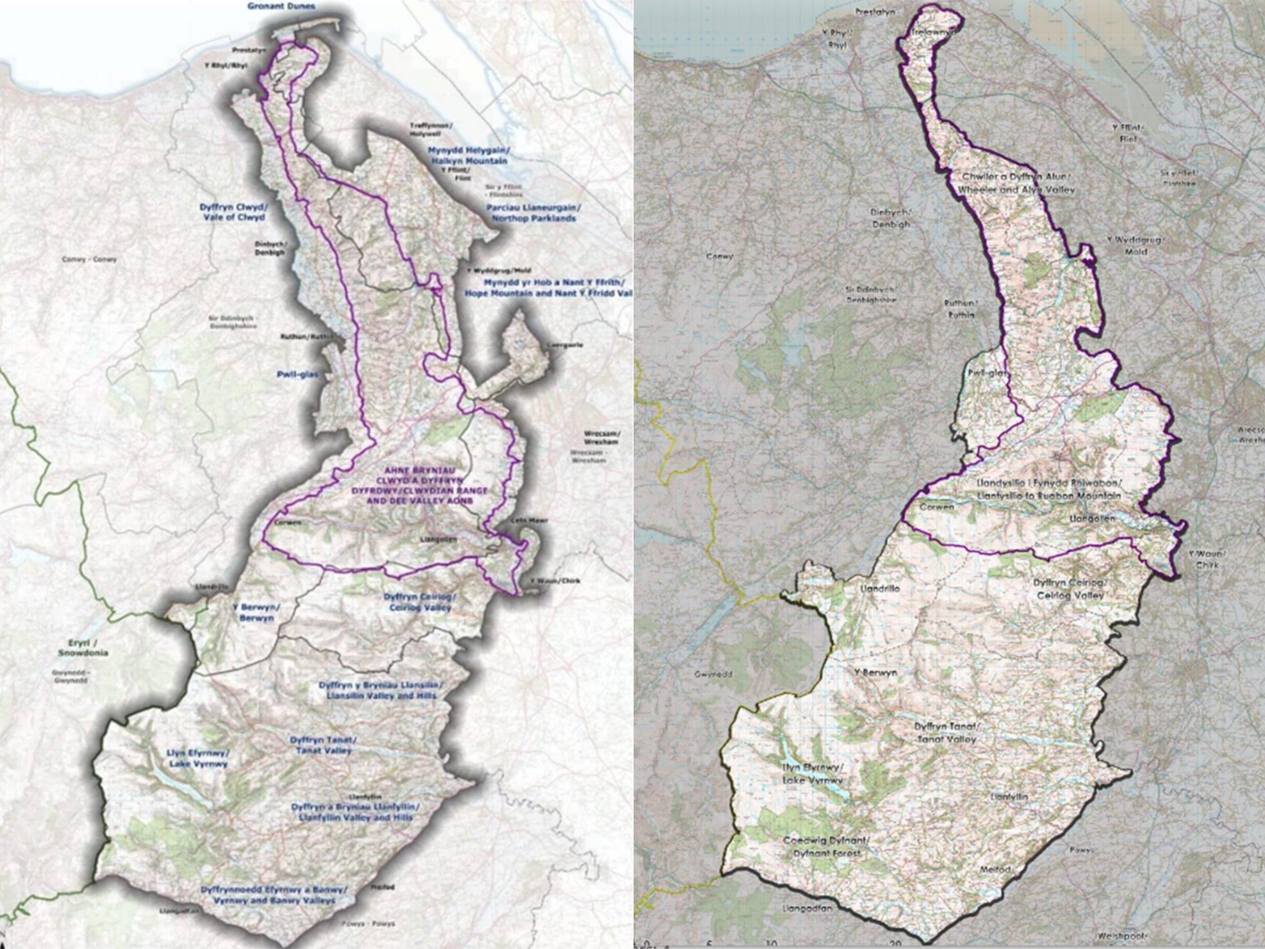 Y ffiniau gwreiddiol oedd yn cael eu hystyried ar y chwith, a'r ffiniau llai sydd bellach dan ystyriaeth ar y dde