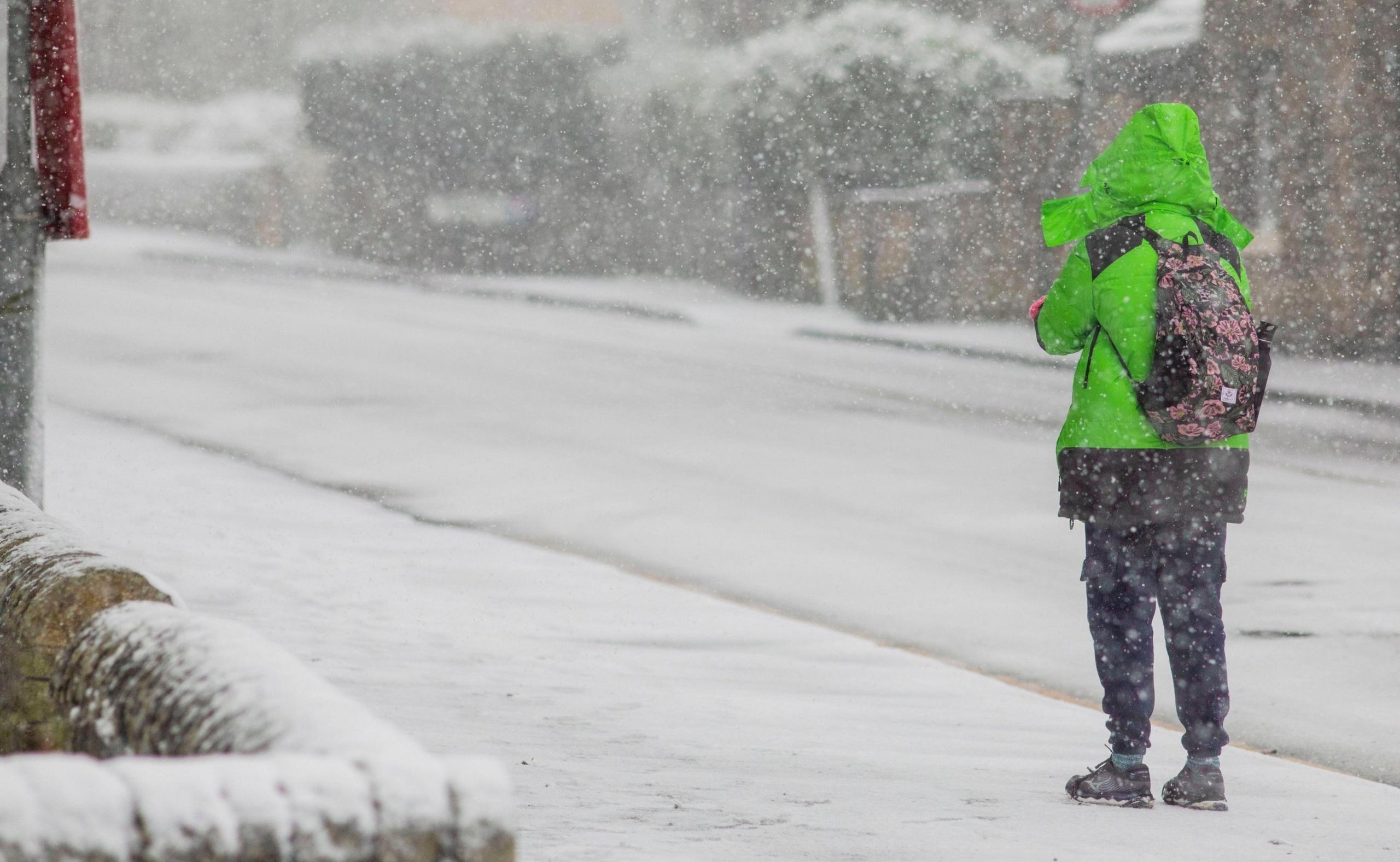 Snow falls in the West Yorkshire village of Northowram near Halifax, Calderdale