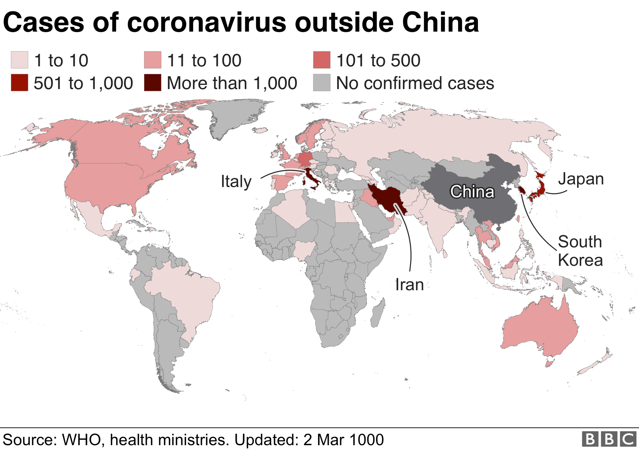 Map showing global cases of coronavirus