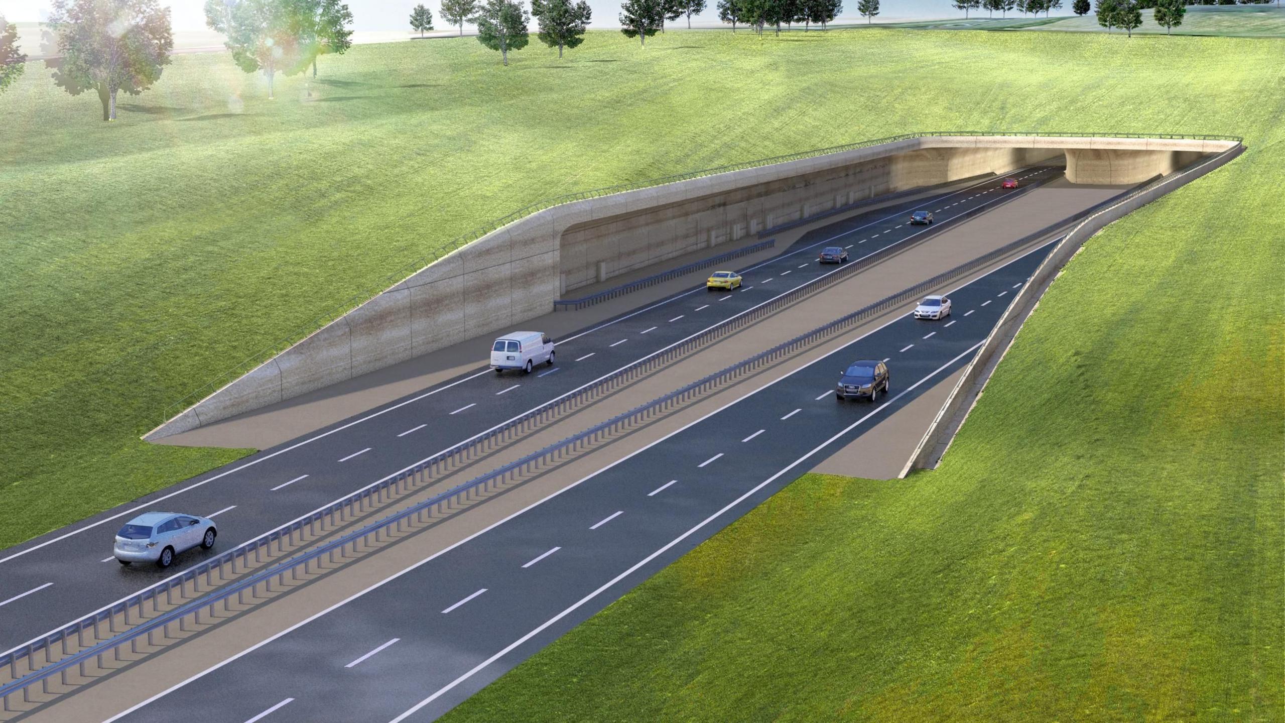 An AI generated image of the tunnel plan. There are two lanes on either side of the road which enters and leaves the tunnel. There is a grey metal barrier between the carriageways. The tunnel sinks into the landscapes where grass wraps around it and trees stand above.