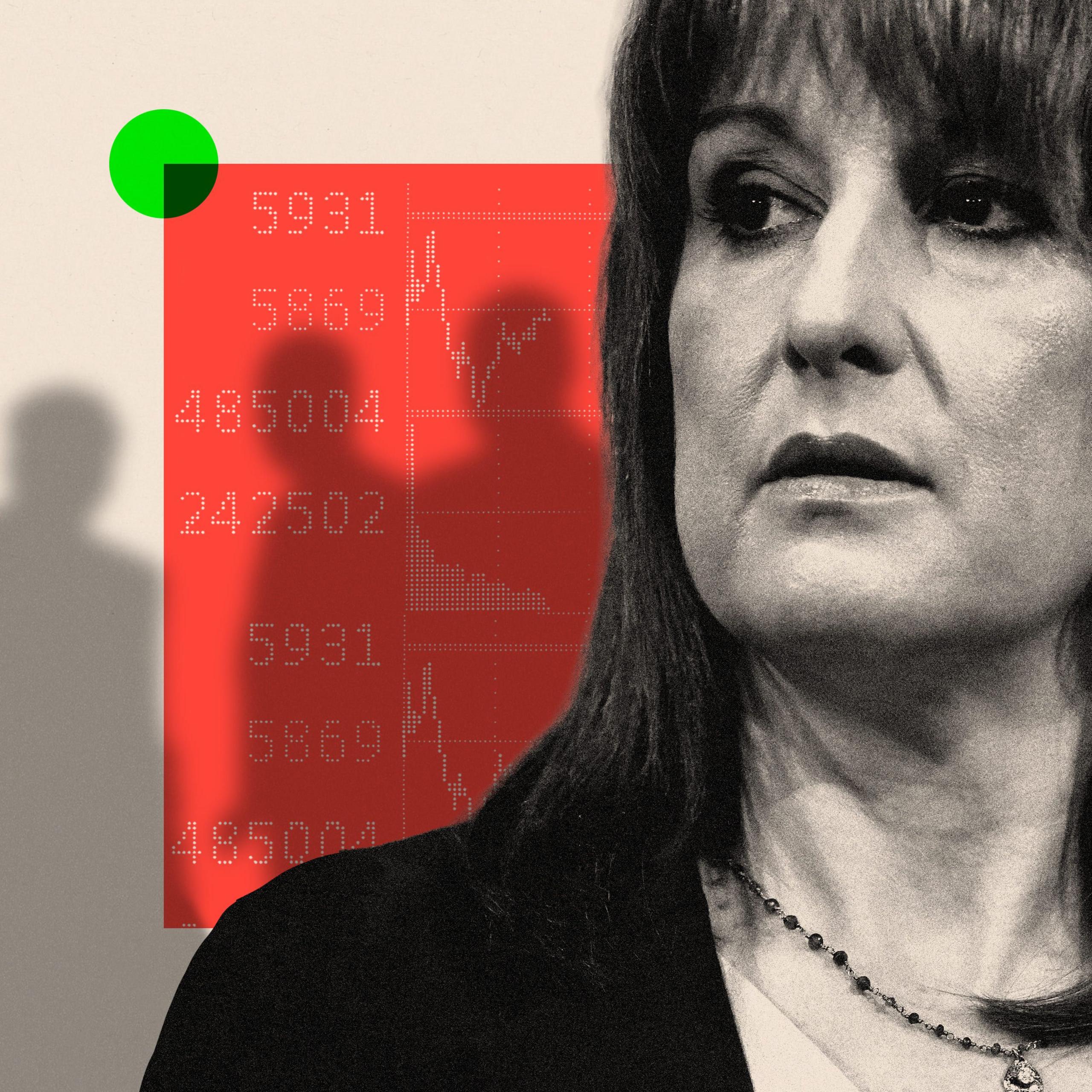 A treated image showing Rachel Reeves with shadow figures behind her