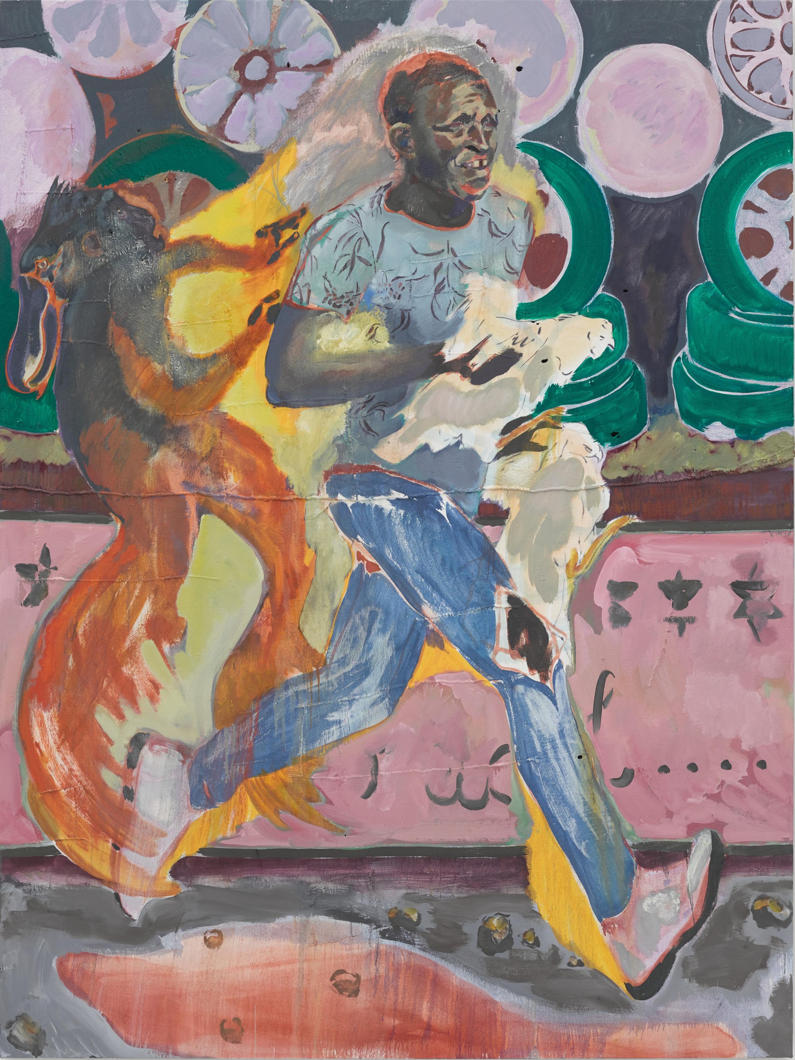 Michael Armitage, The Chicken Thief, 2019. Oil on Lubugo bark cloth, 200 x 150 cm.