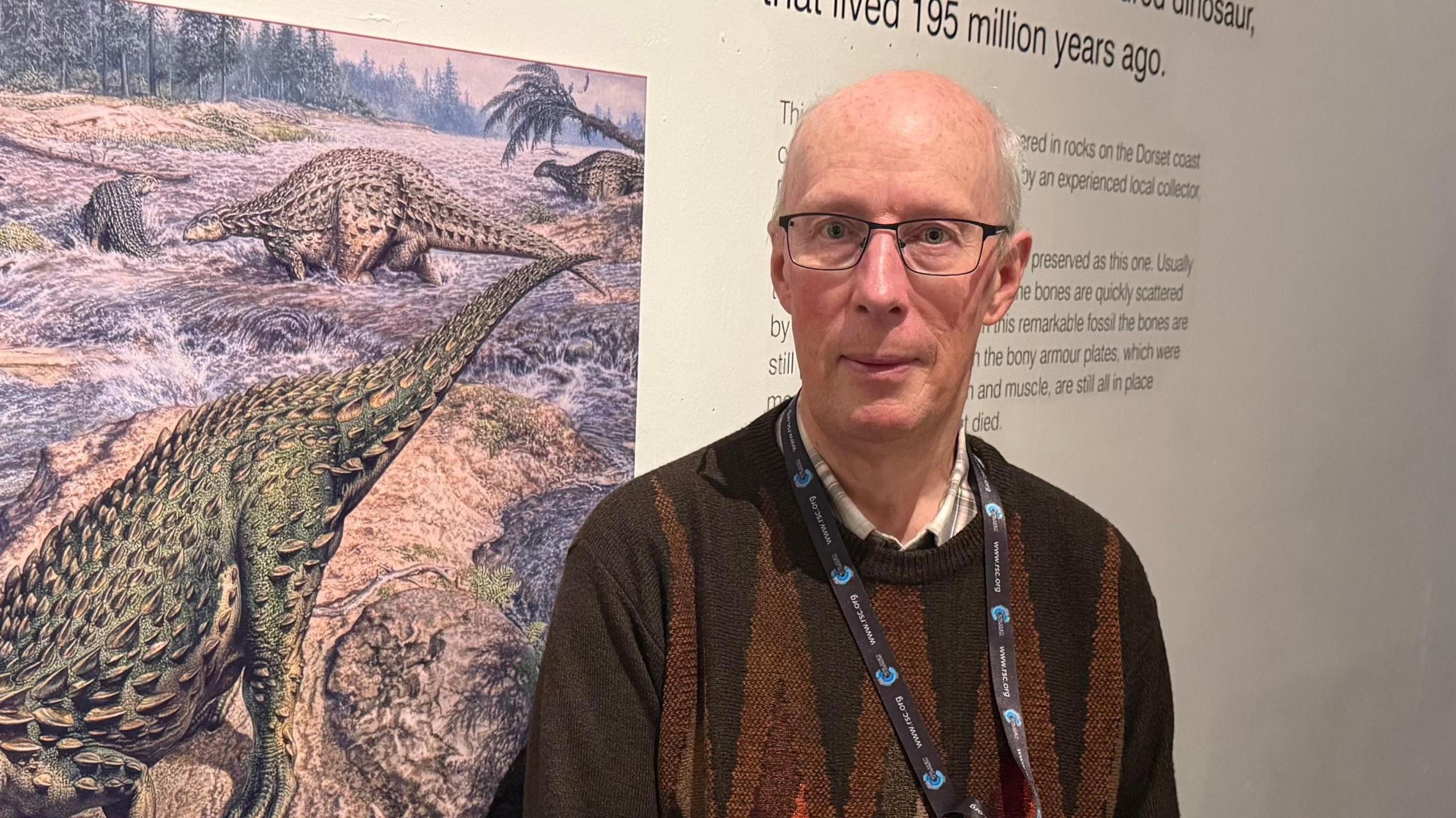 A man with white hair and glasses. He is wearing a brown jumper and shirt.