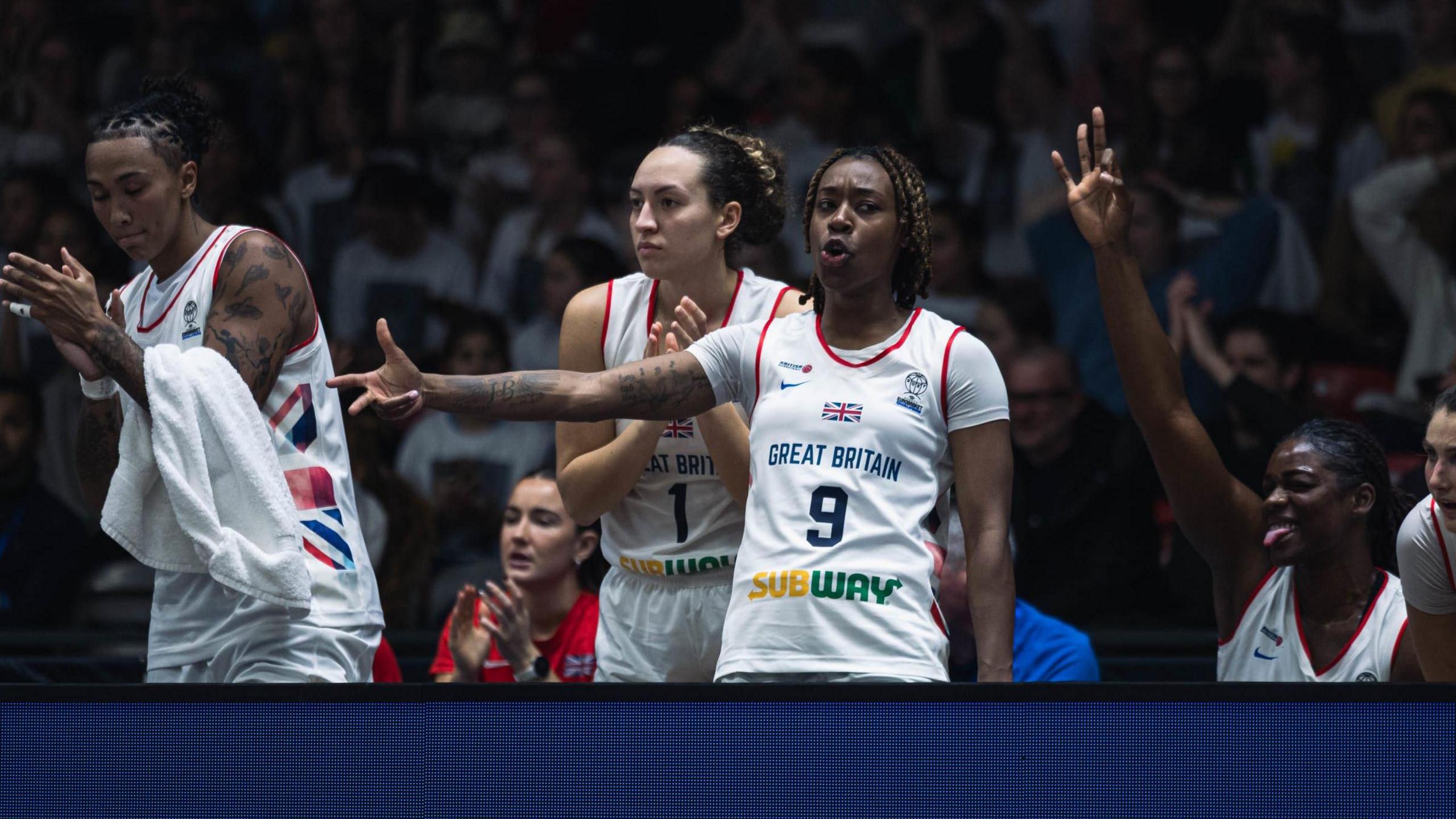 Great Britain women's basketball players celebrate