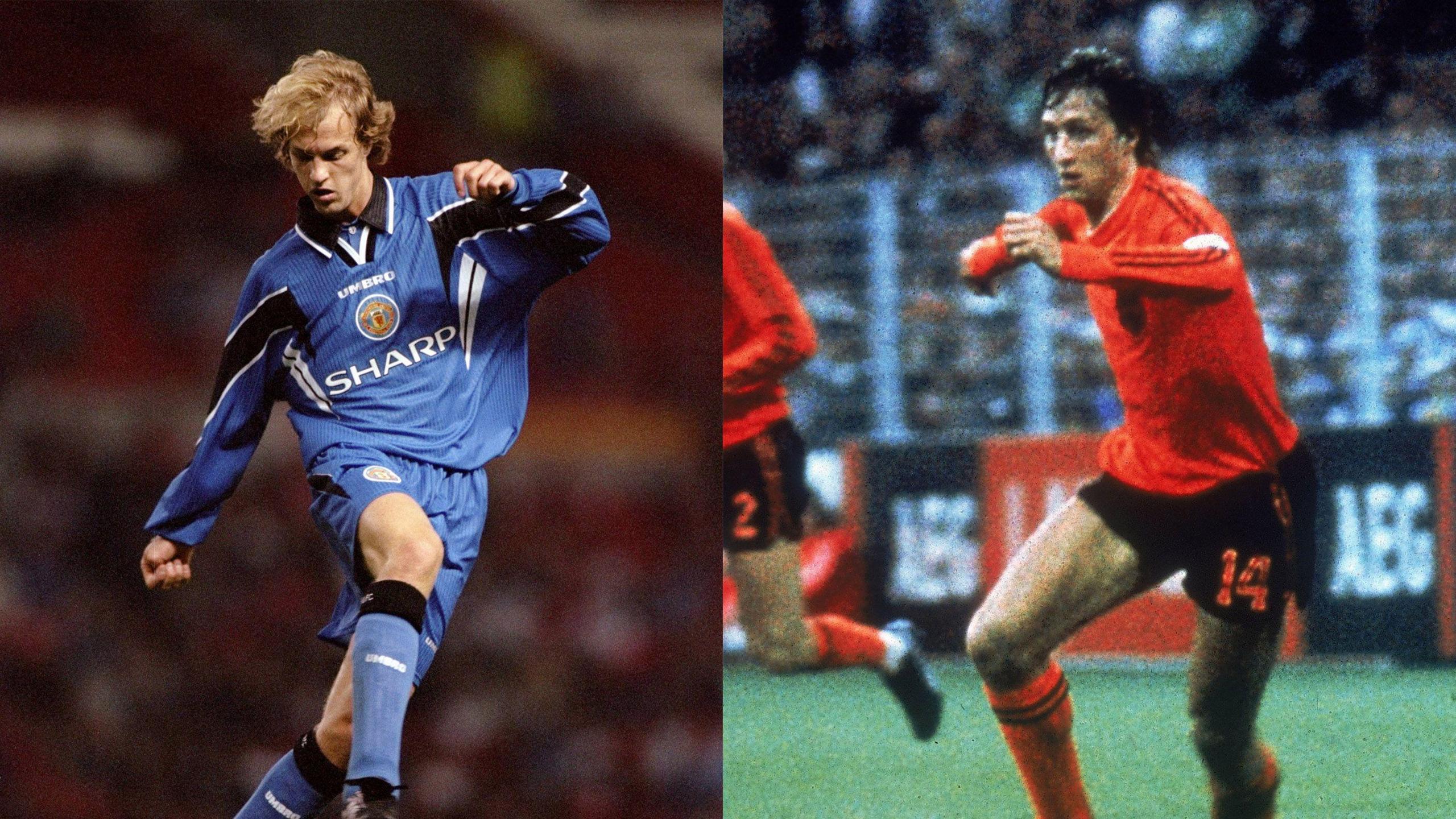 Jordi Cruyff on the left playing for Manchester United in a navy kit and Johan Cruyff on the right playing for the Netherlands in their famous orange home shirt and black shorts.