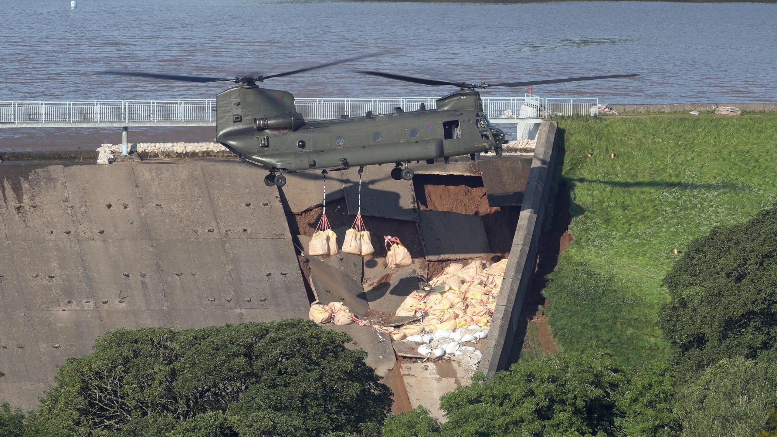 Chinook drops ballast at dam on Whaley Bridge reservoir in 2019 following storms that breached the lake wall