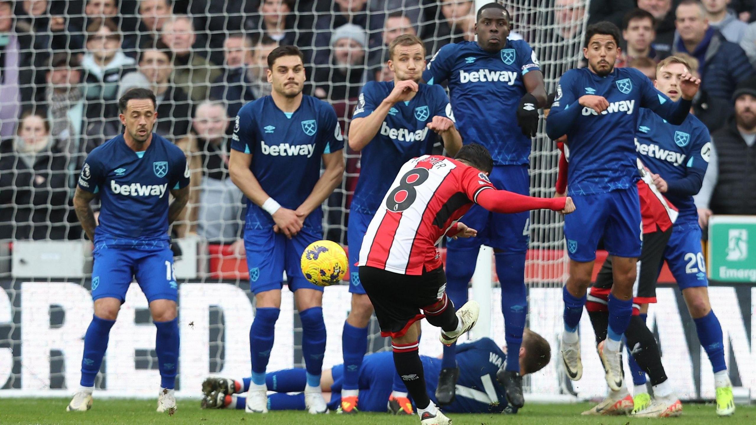 Sheffield United's Gus Hamer takes a free-kick against West Ham.