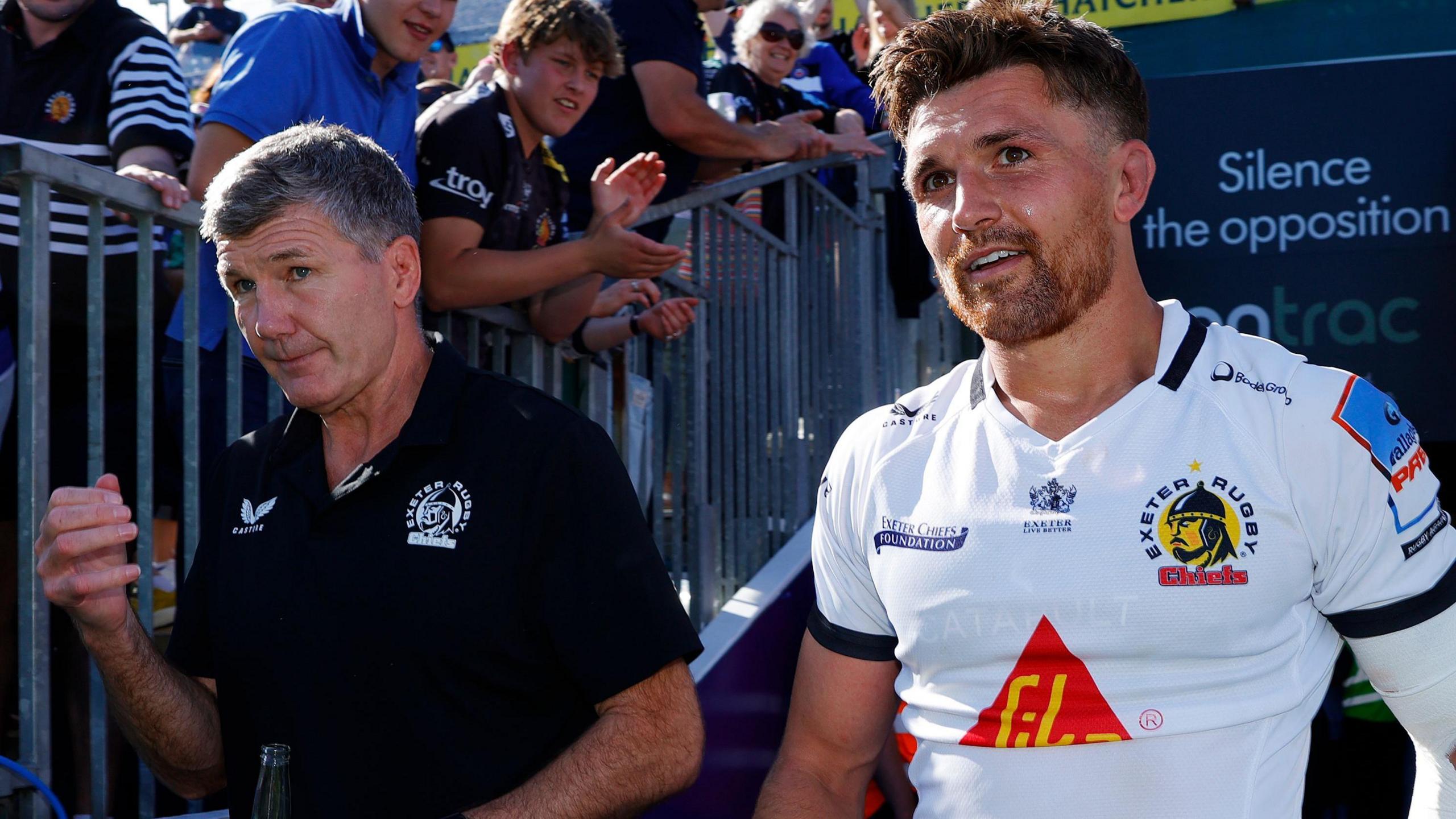 Rob Baxter and Henry Slade coming out of the tunnel at Bath