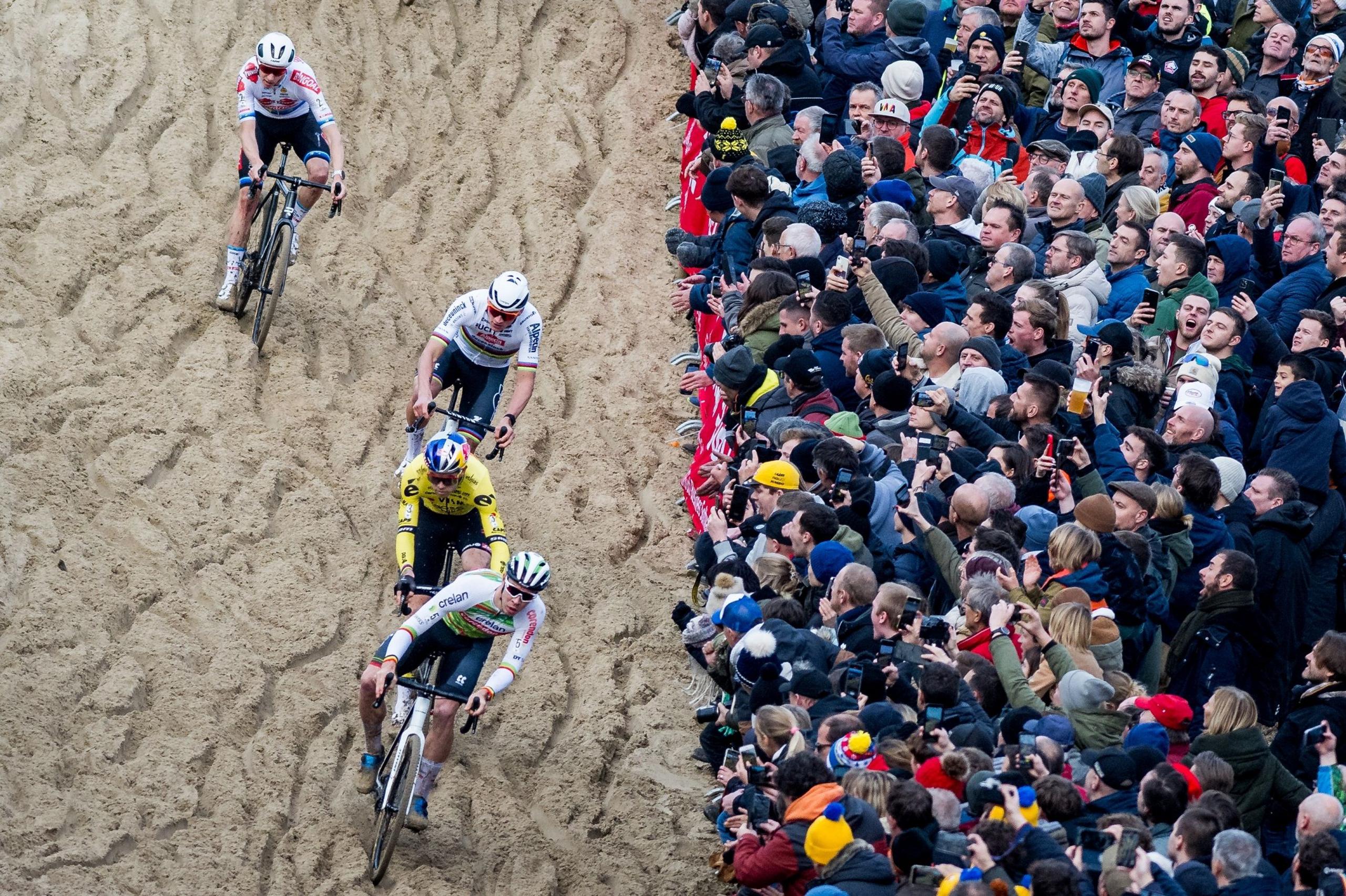 Michael Vanthourenhout, Mathieu van der Poel, Wout van Aert and Laurens Sweeck compete in the Duinencross cyclocross in Koksijde, Belgium