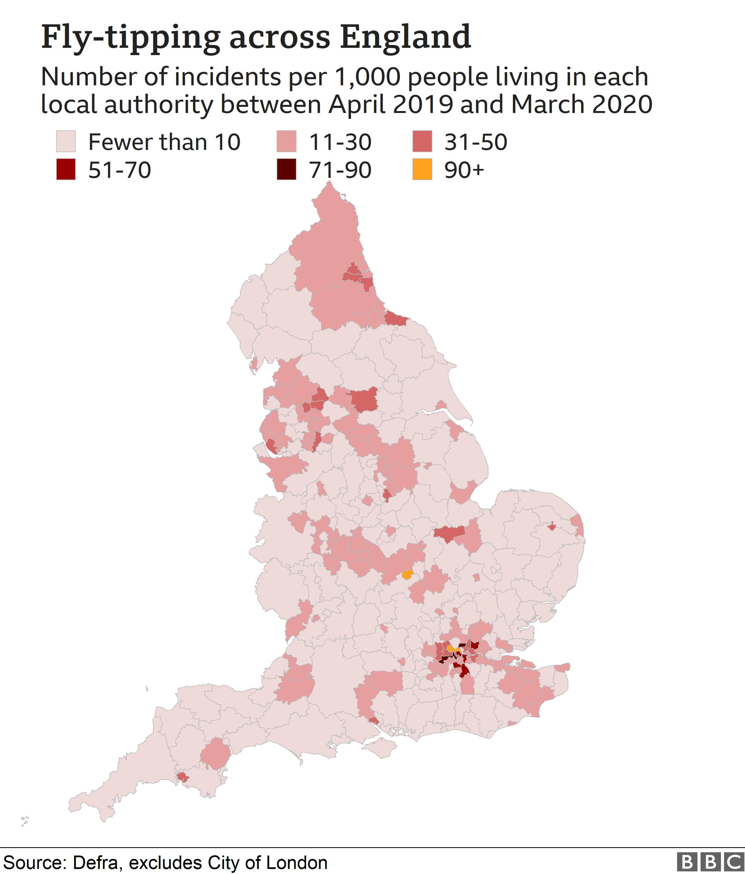 Map of fly tipping incidents across England