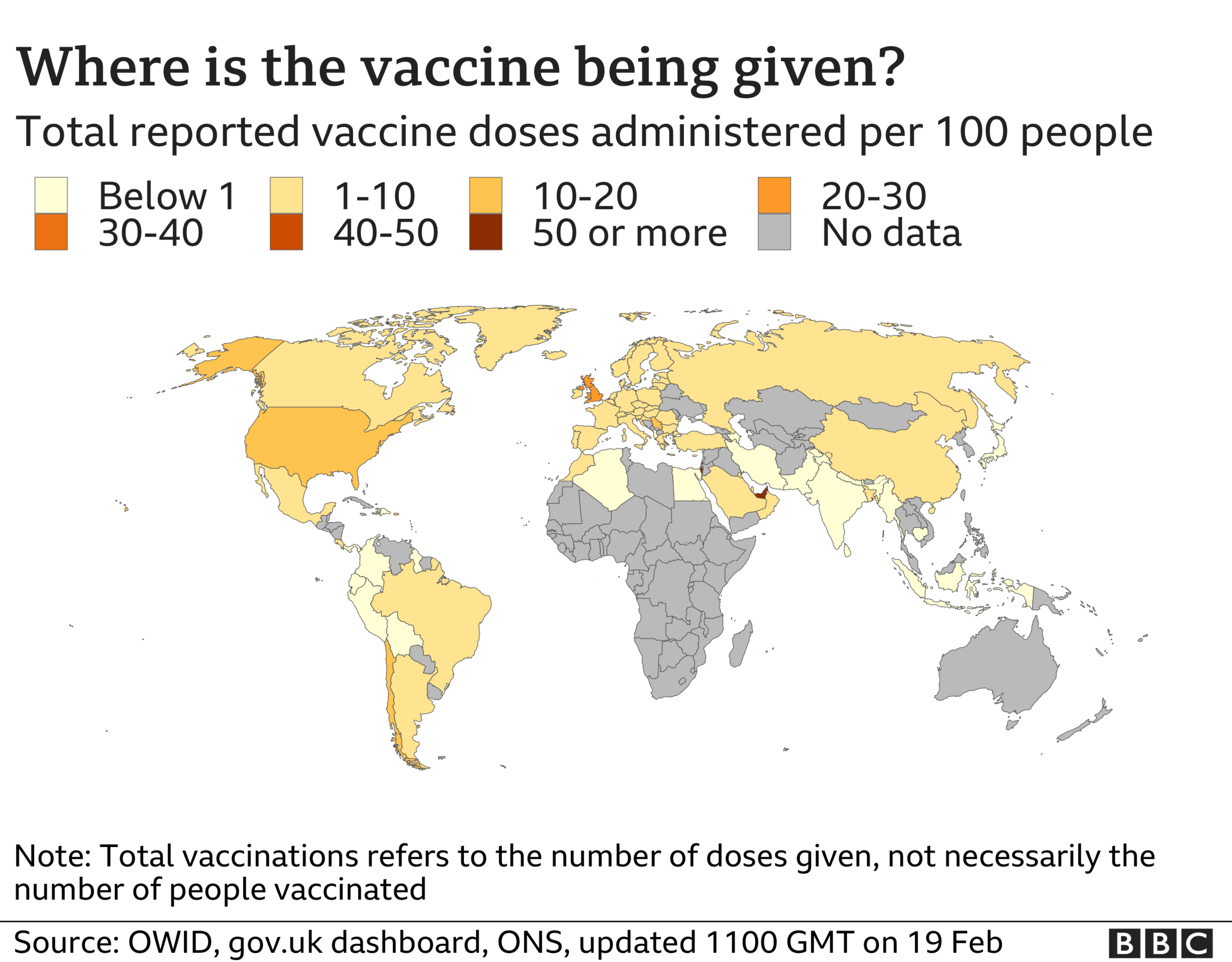 Map of the world showing the number of vaccine doses given per 100 people in each country