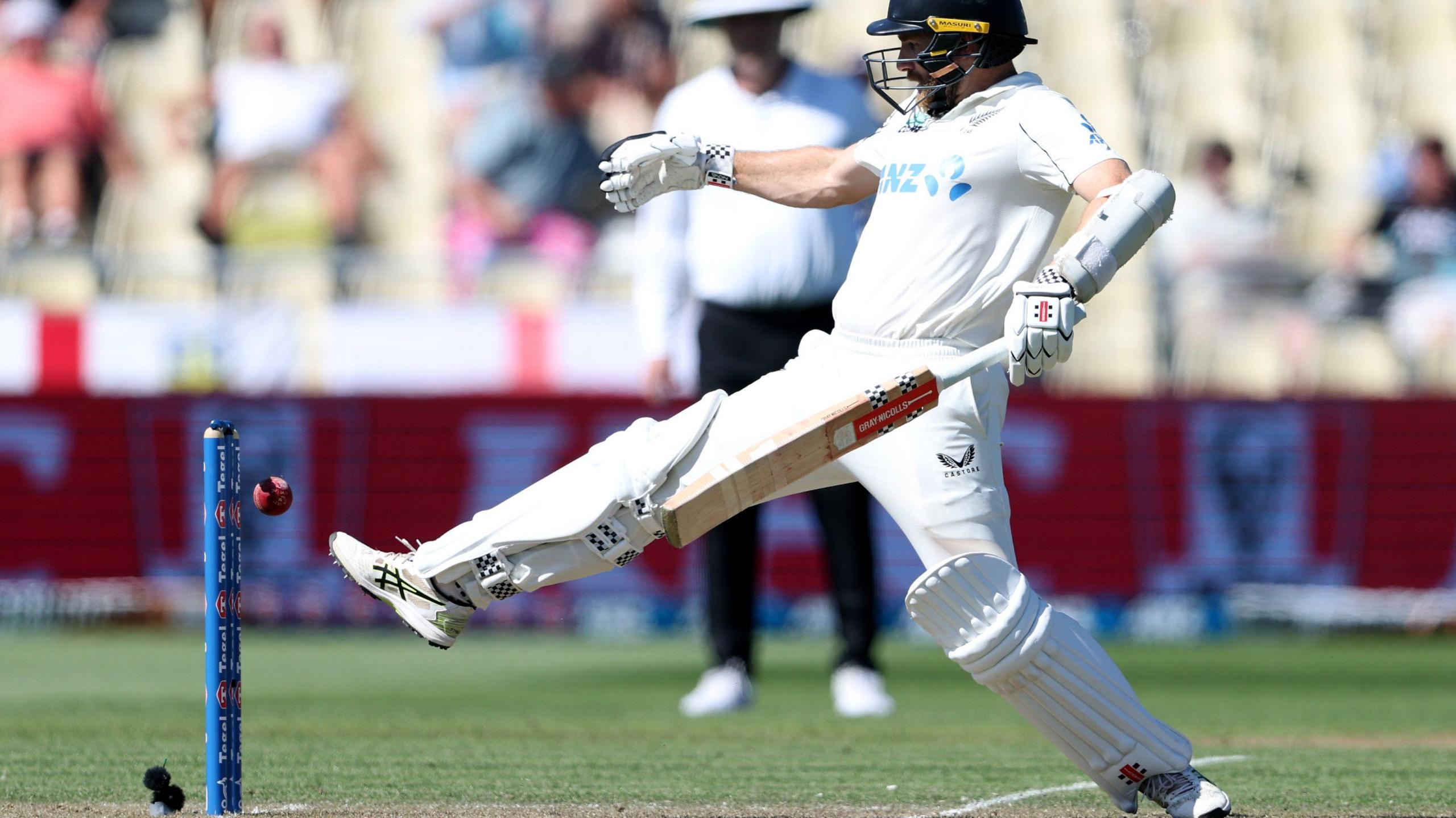 New Zealand batter Kane Williamson fails to deflect the ball away from the stumps as he is bowled