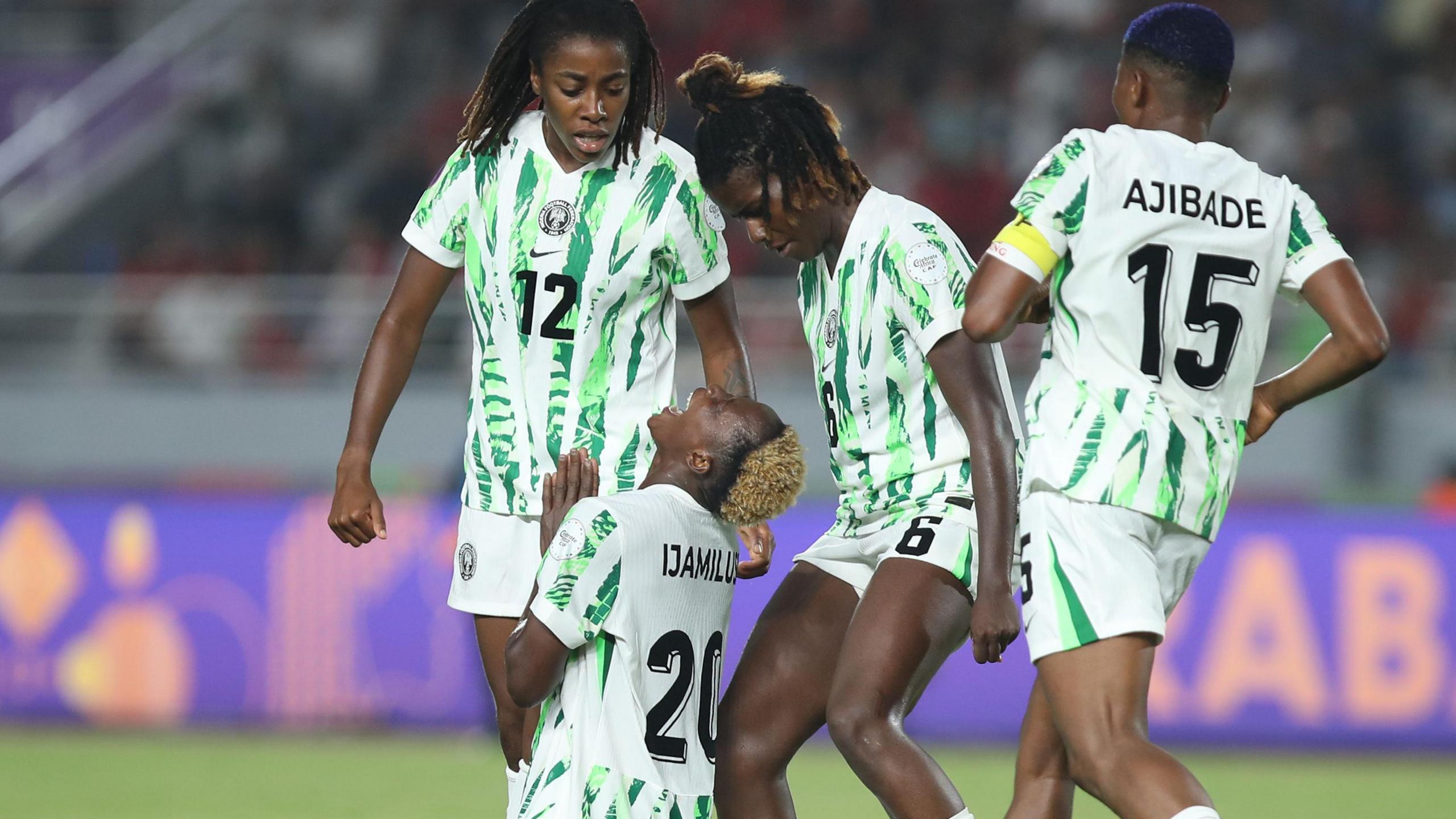 Nigeria's Folashade Ijamilusi celebrate her goal against Morocco