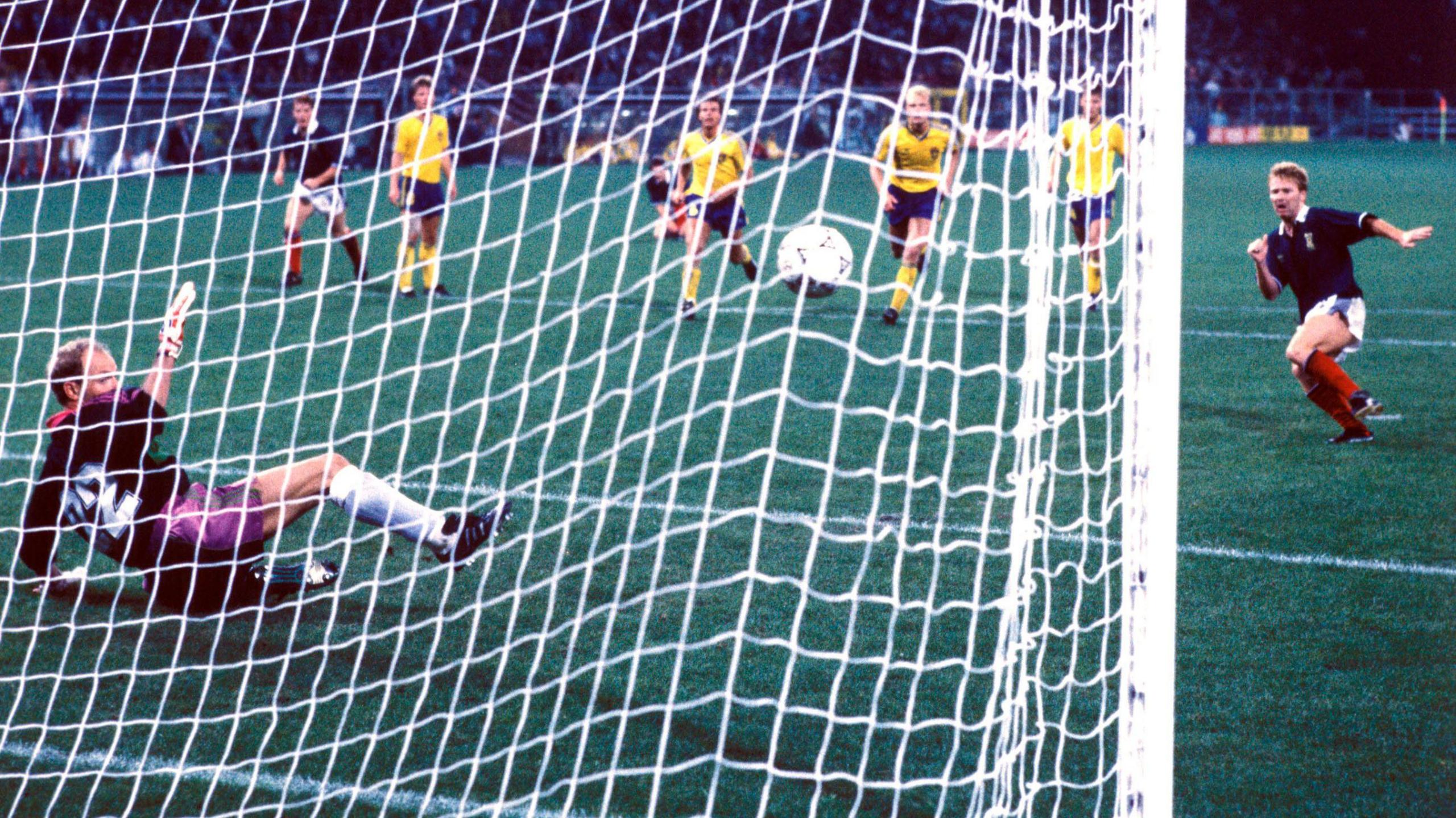 Maurice Johnston scores a penalty for Scotland against Sweden at the 1990 World Cup