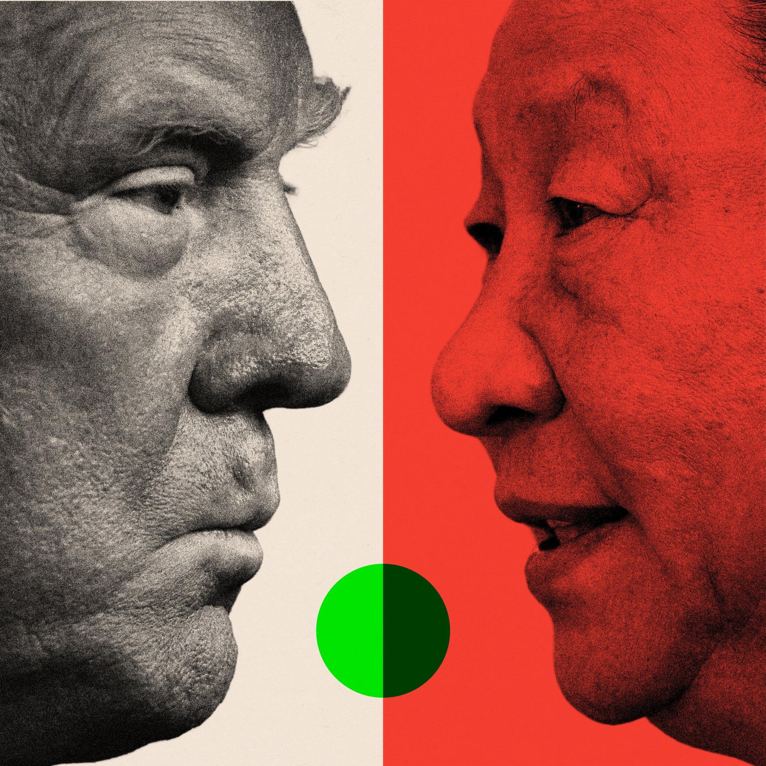 Black and white headshots of Trump and Xi Jinping facing opposite each other, as though they are looking directly toward one another.