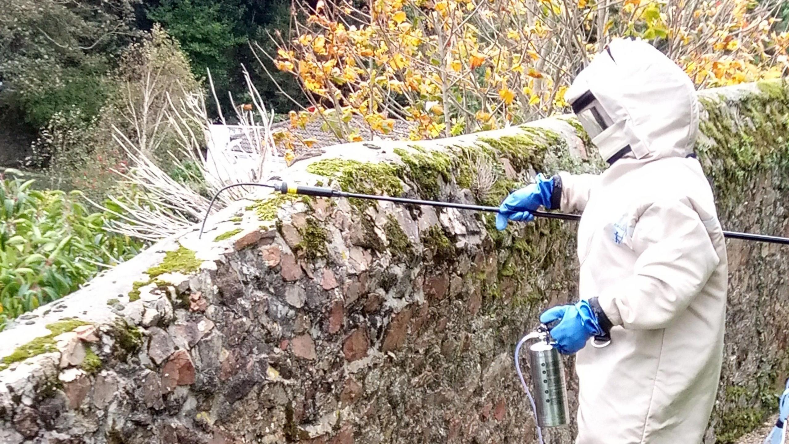 A person in a protective suit spraying insecticide onto a wall where a nest is located. 