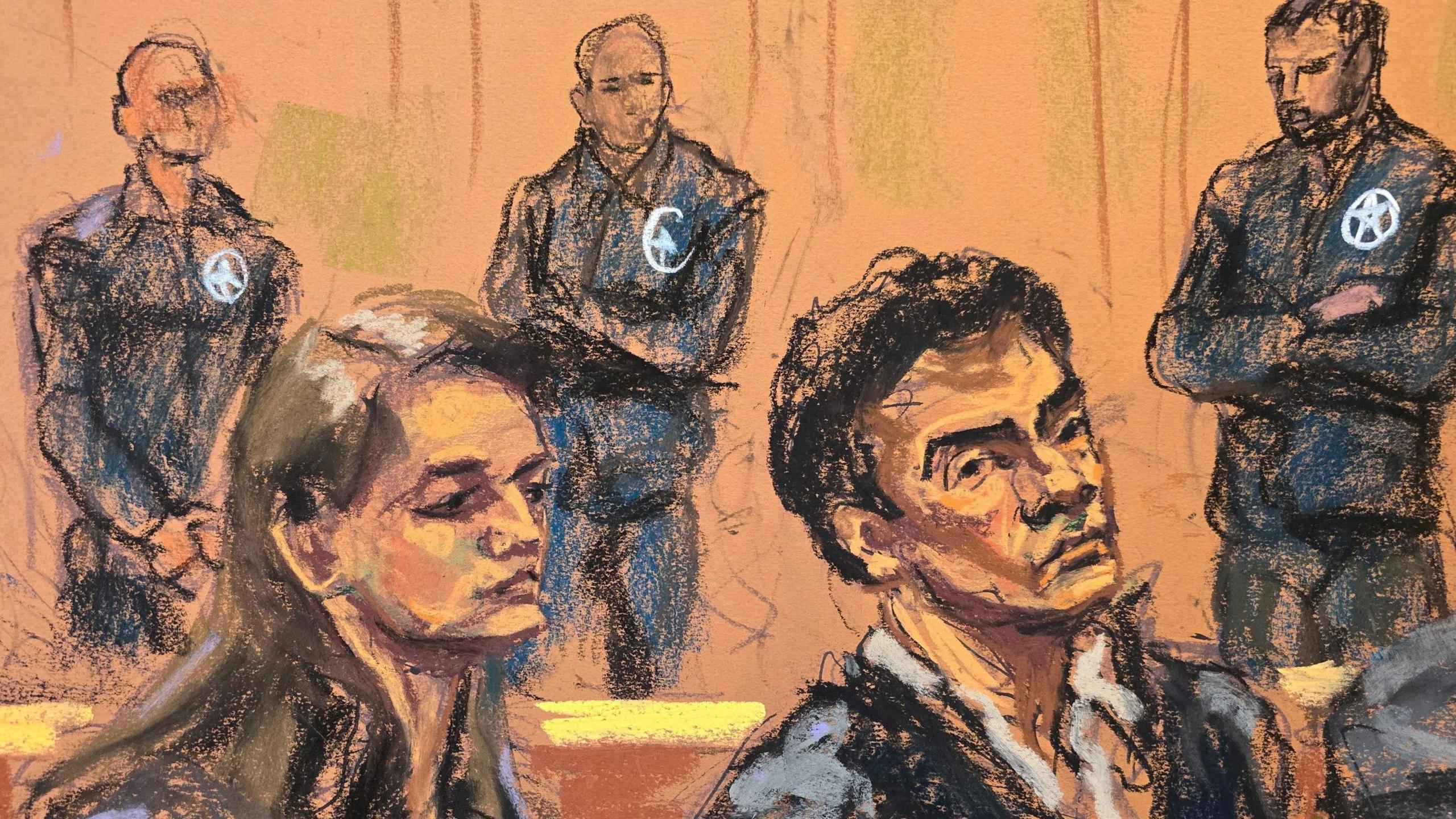 Sketch of Mangione in court with his attorney. He is in a suit jacket