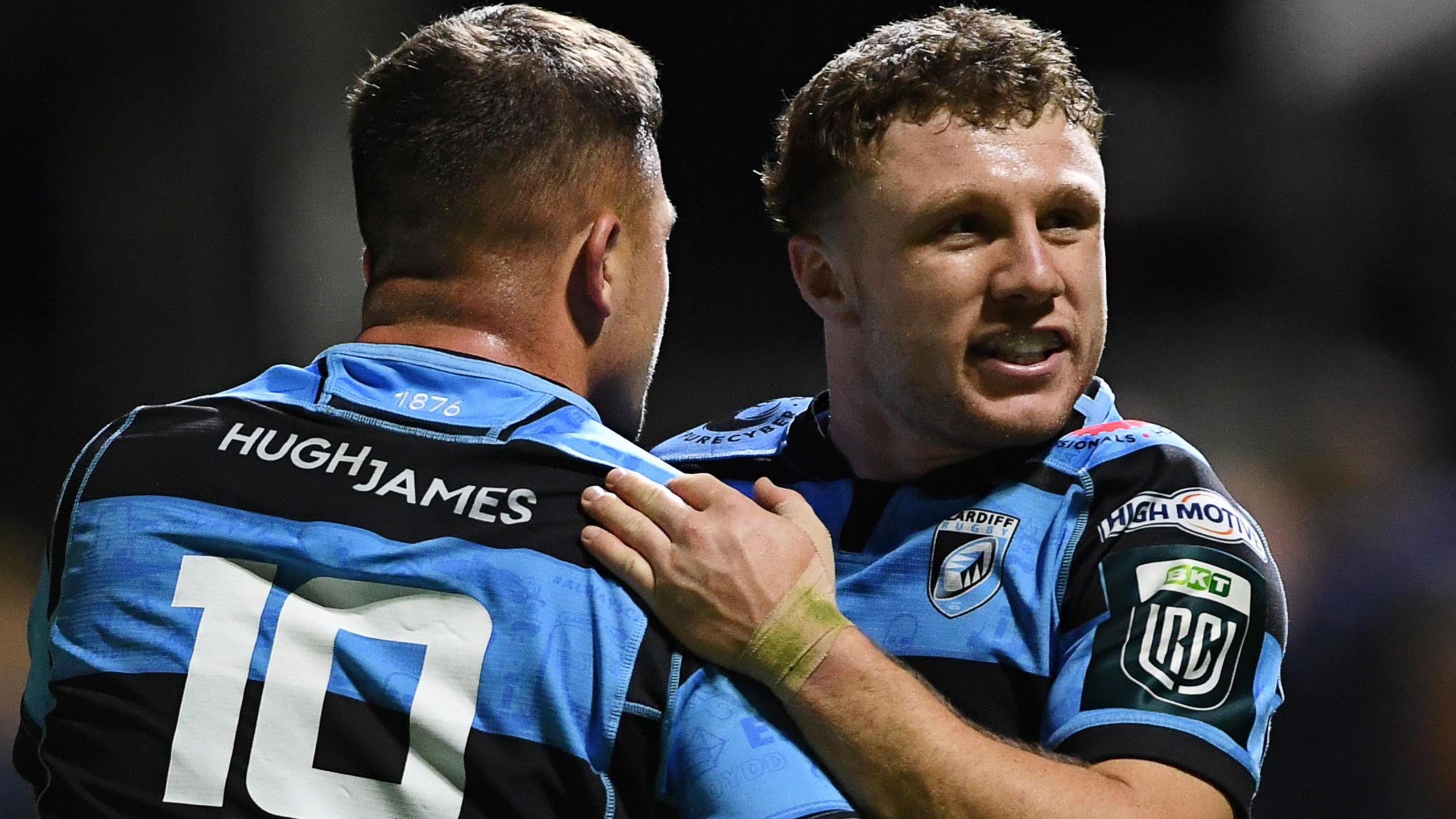 Callum Sheedy and Tom Bowen, who have both been impressive in Cardiff's strong start to the season, congratulate each other