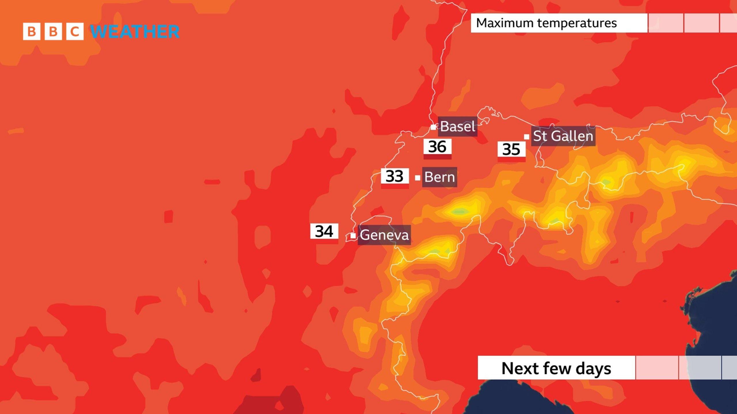 A map showing the heat in Switzerland